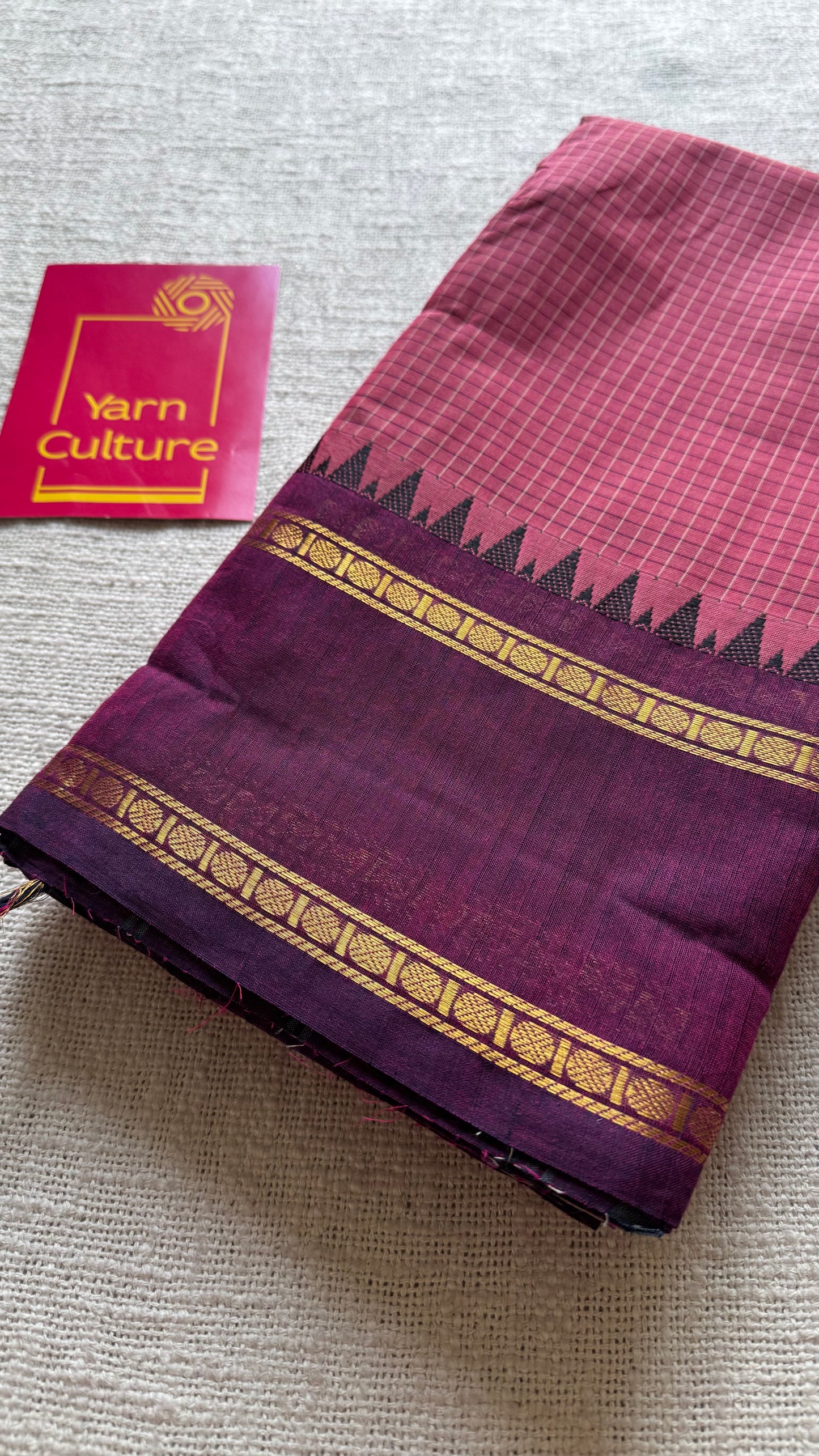 Dark pink with maroon border, temple motifs, checkered body, kanchi cotton - YCCOTNOCKC29