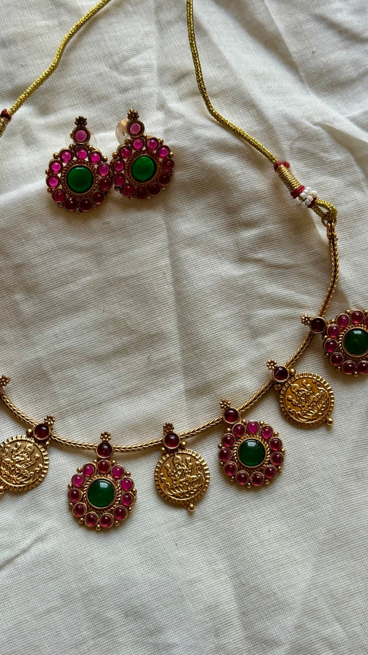Antique gold multipendants, lakshmi coin, ruby and green stones with earrings - YCGPNP457