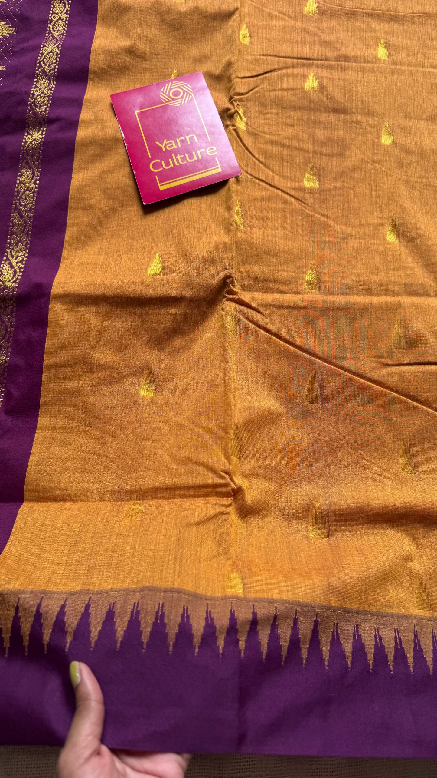 Yellow with purple pink temple border, motifs - cotton silk - YCCOTNSEKCS17