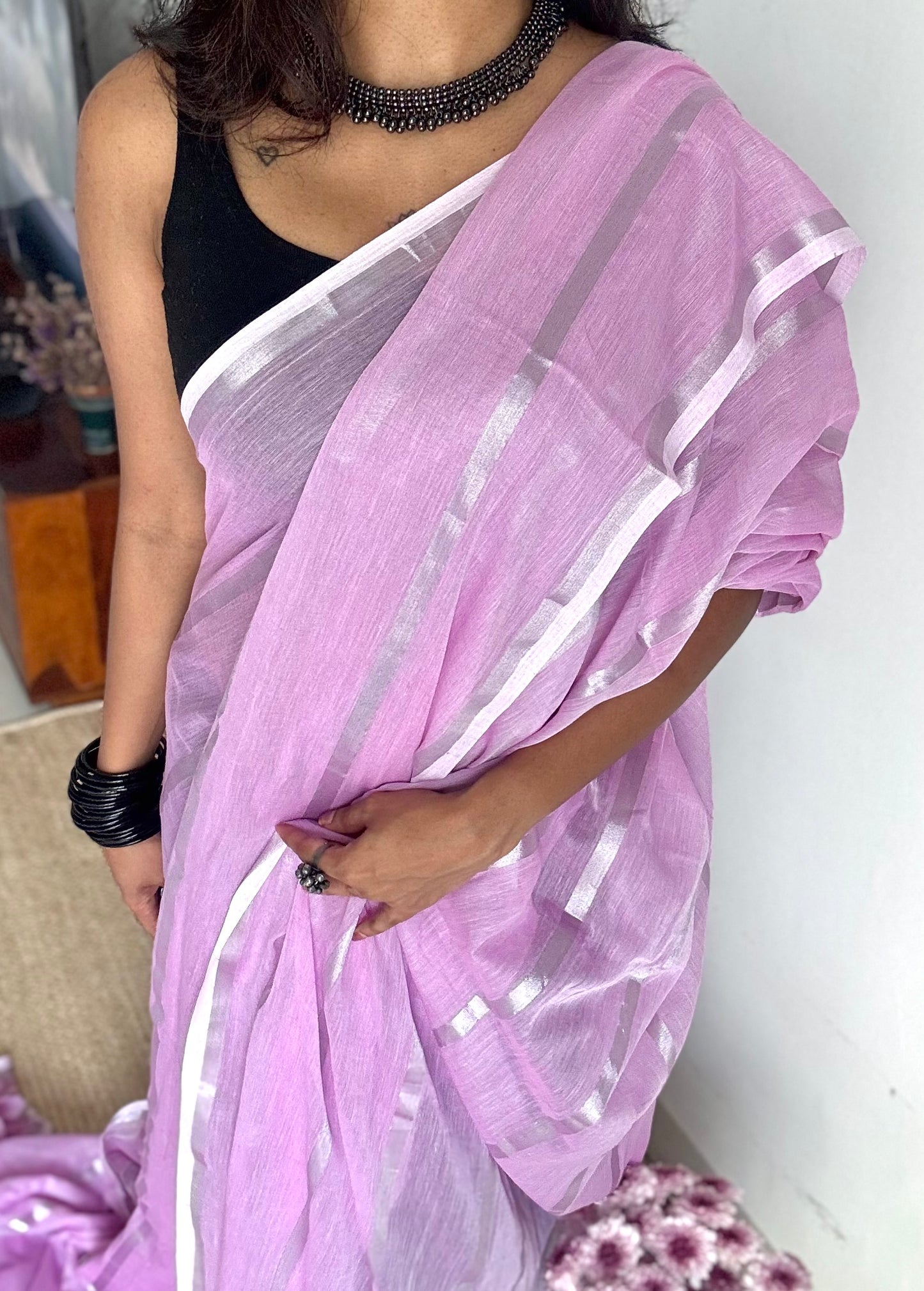 Lilac Fluff - soft lilac with silver zari stripes, mul cotton - YCBCJULMS01