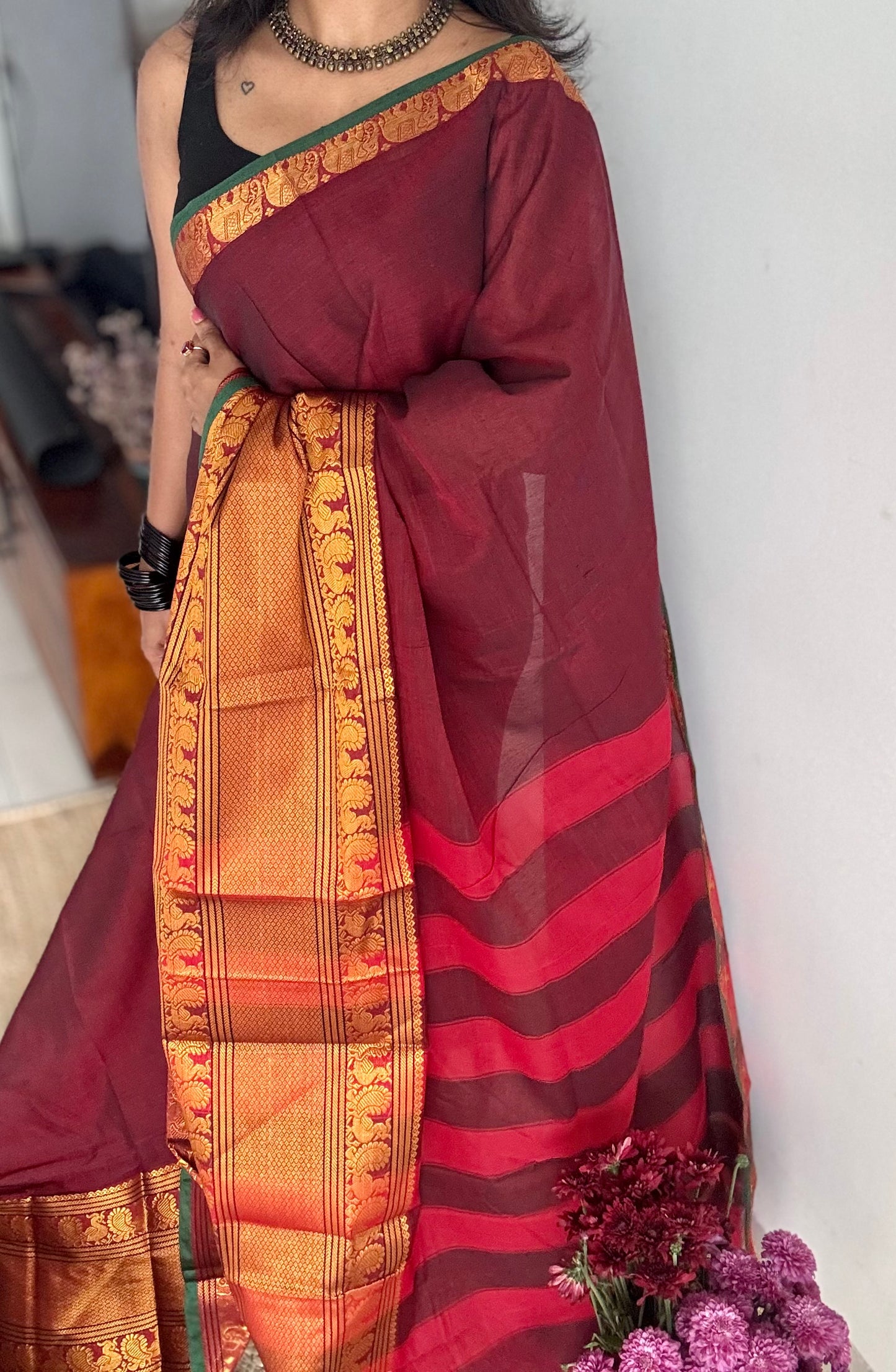 Maroon with broad zari border, premium narayanpet, soft cotton - YCWOTDFEBB09