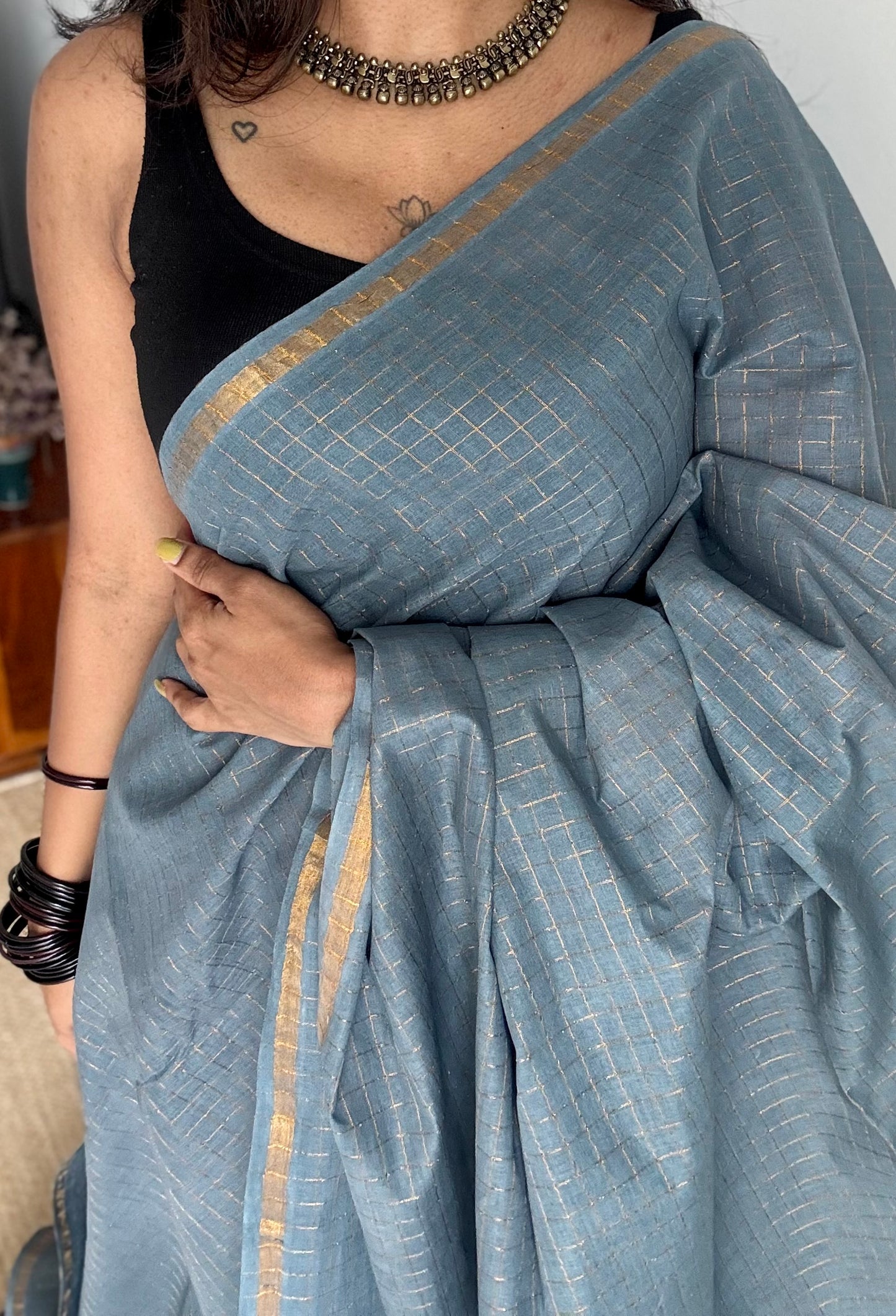 Grey mini kattam sungudi, madurai cotton - YCMCMCS01