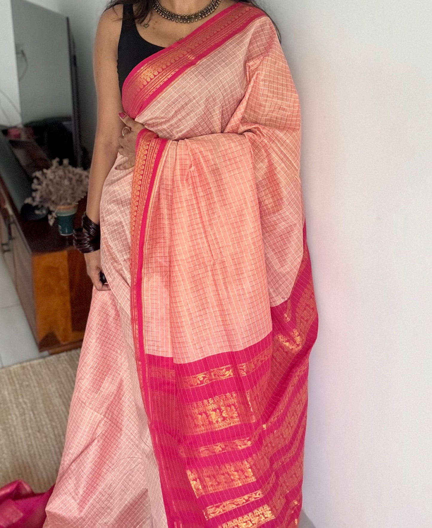Salmon pink with hot pink, checks - cotton silk - YCCOTNOCKC40