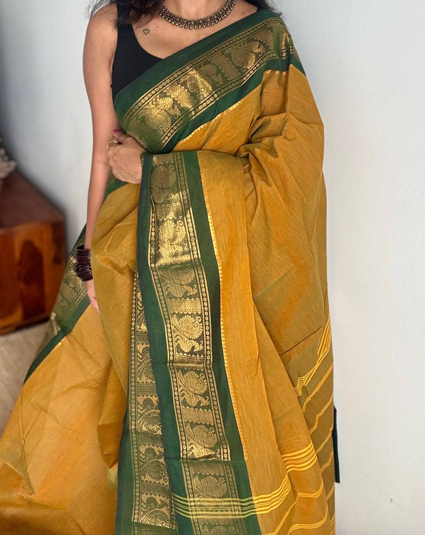 Brownish yellow with green contrast border, chettinad cotton - YCCOTNOCCC01
