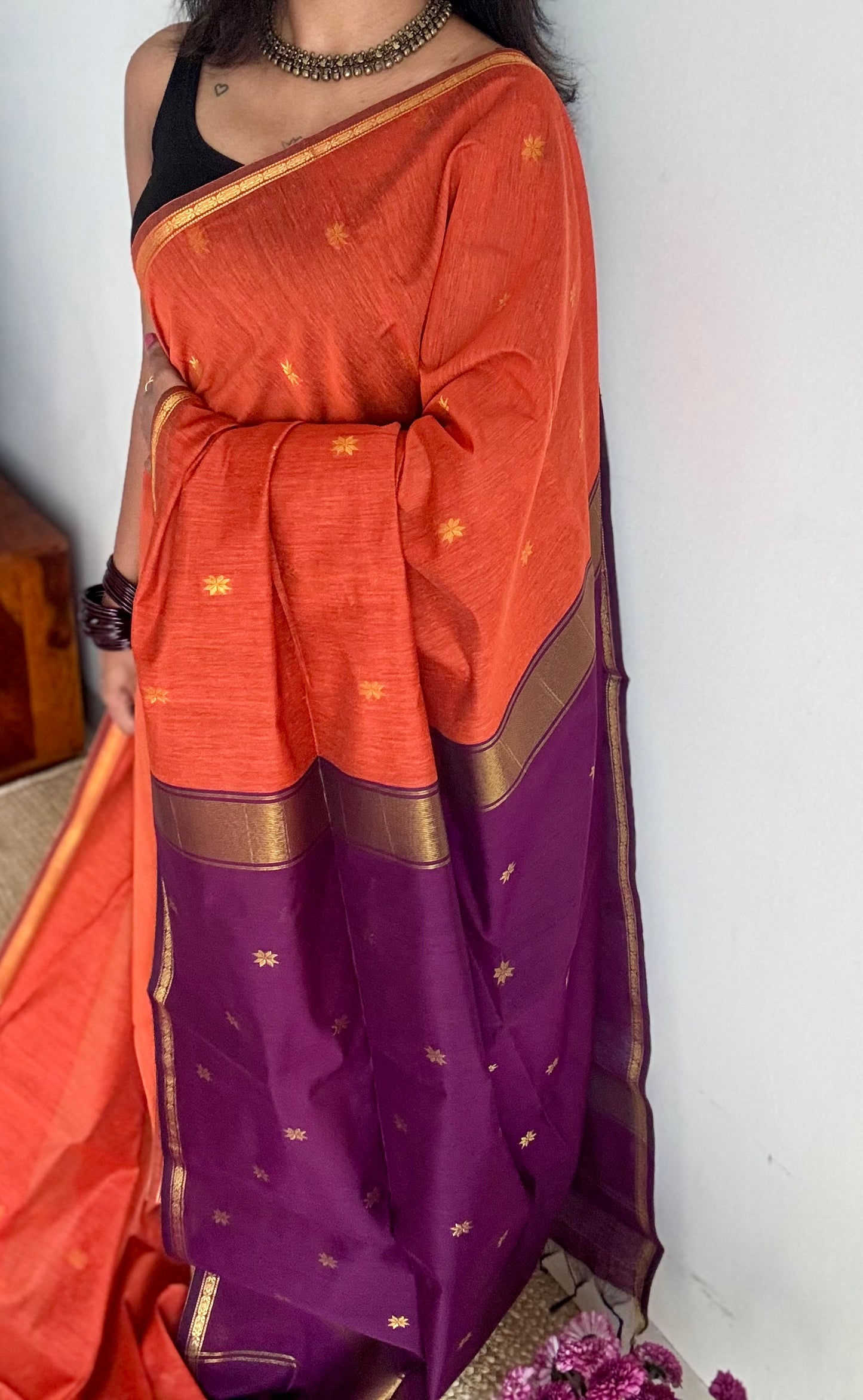 Orange with purple pink (vadamalli), gold buttas, semi maheshwari cotton silk - YCCOTNFEJUSM02