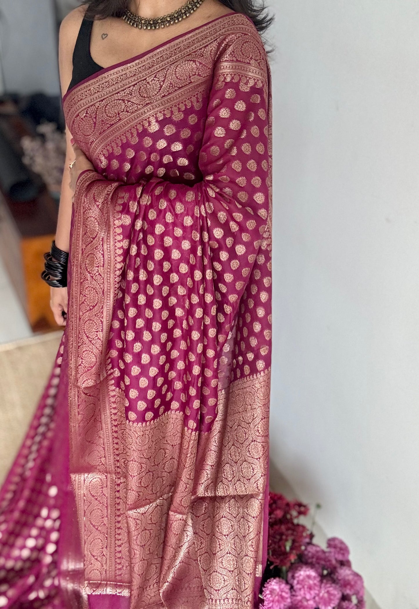 Cerise - Dark raspberry pink, antique gold zari, Banarasi semi georgette - YCBLFEGAGZ21