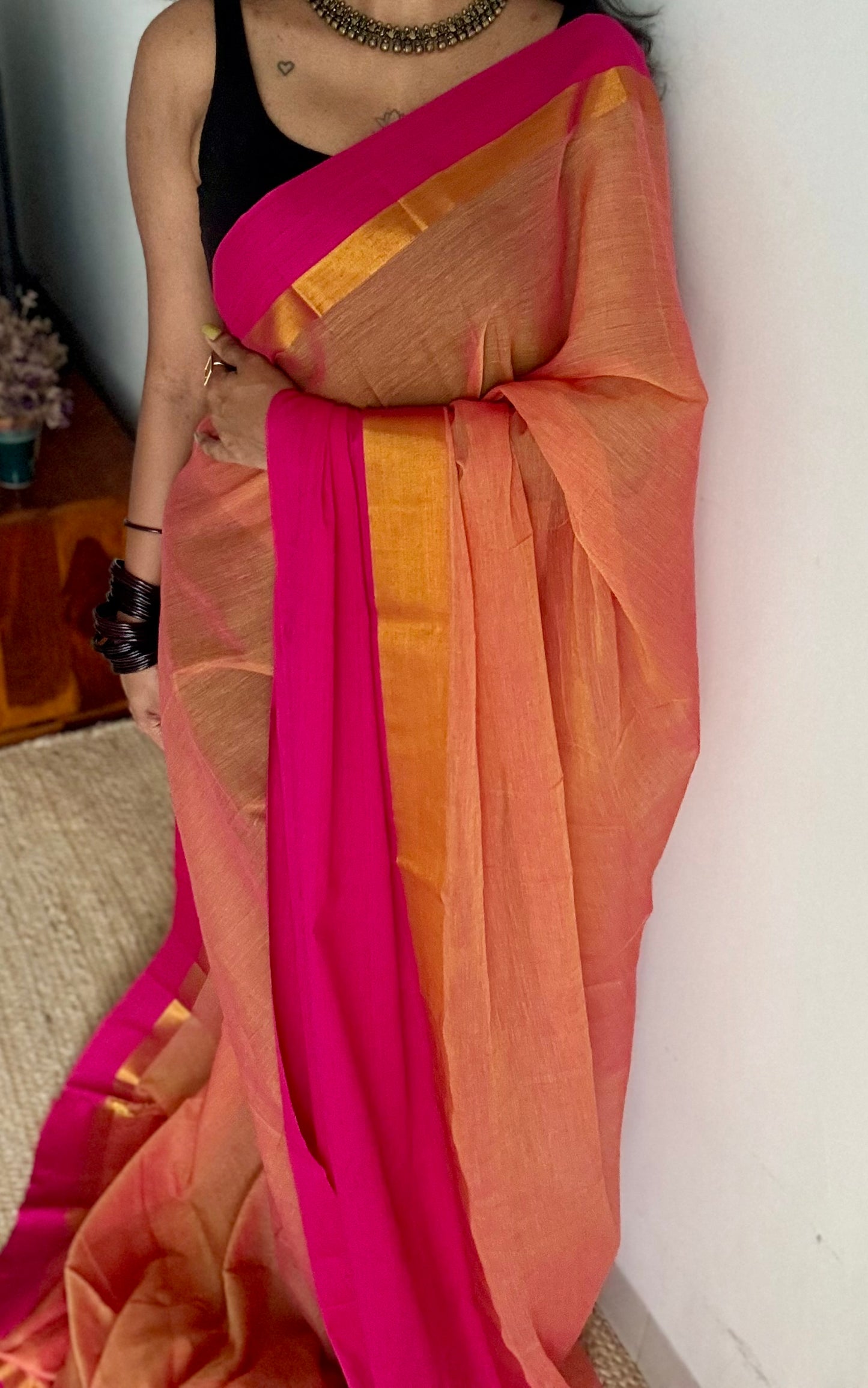 Dual tone orange with contrast dark pink border, gold zari - YCBCMCLSE14