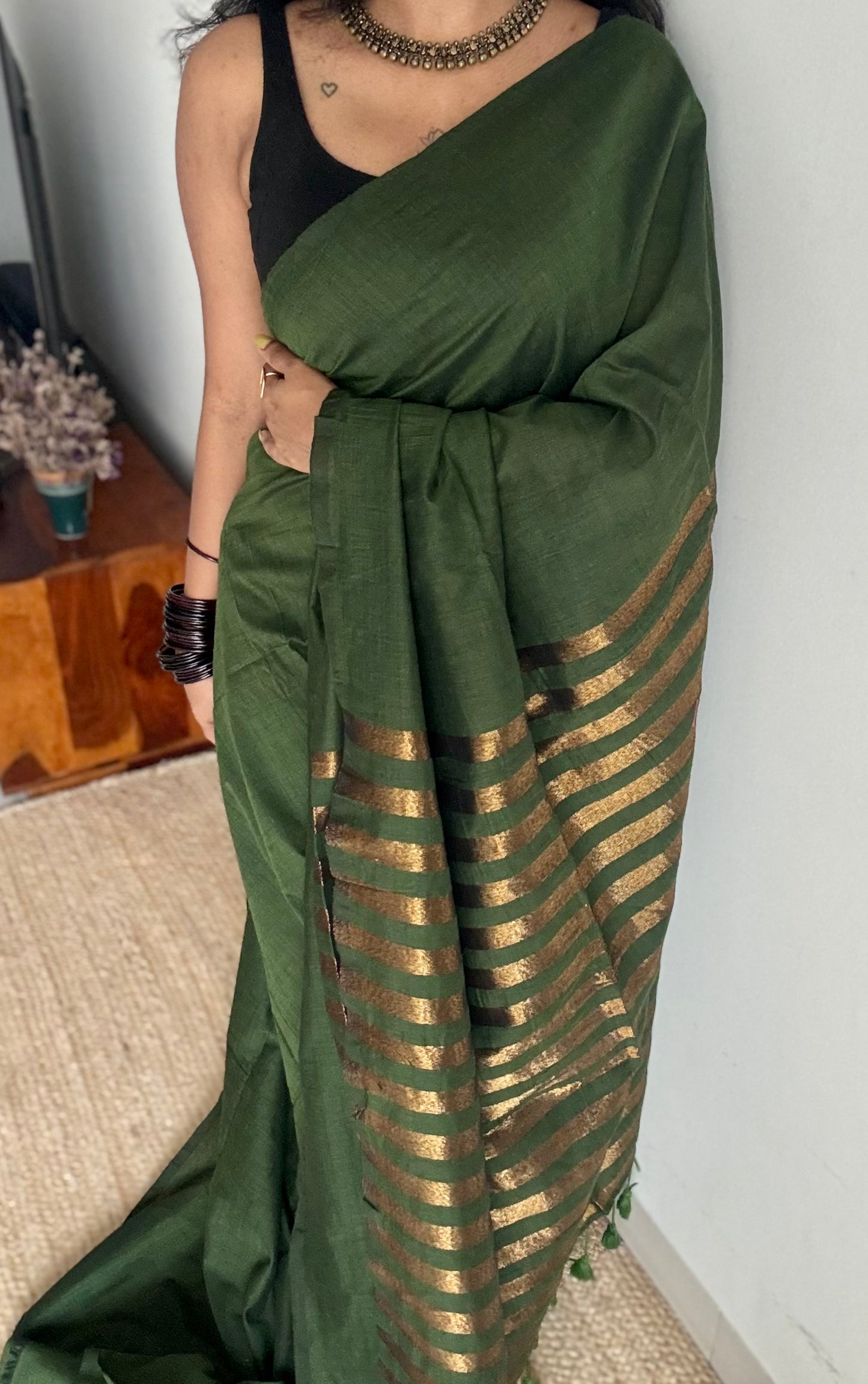 Green khadi with antique gold pallu - YCBCKZPSE02