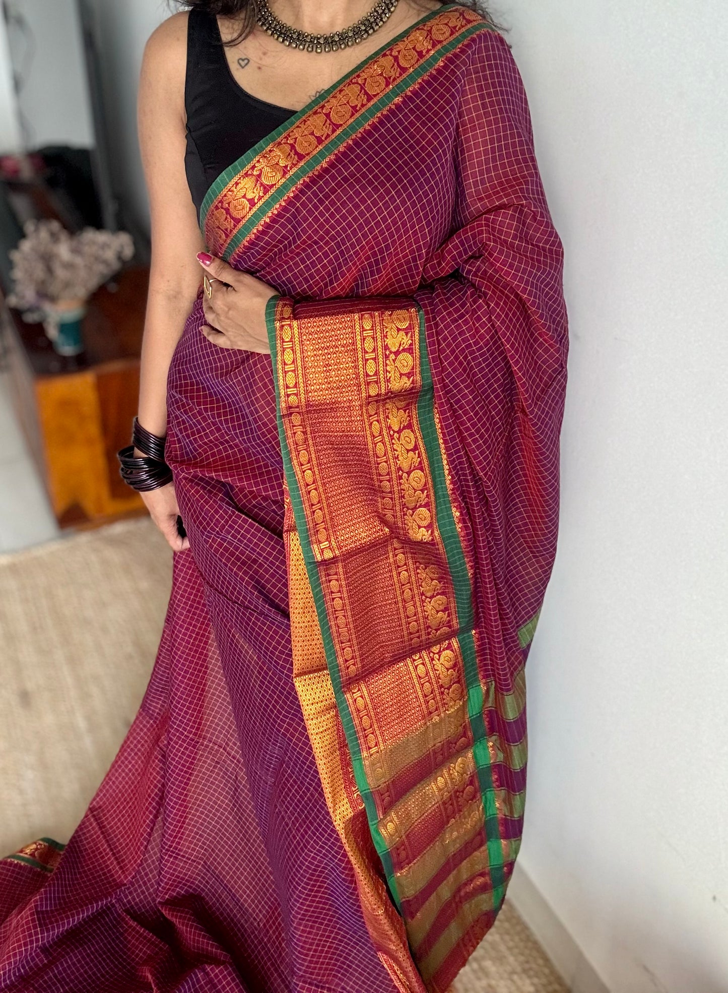 Purple pink (vadamalli) checks with zari border, premium narayanpet, soft cotton - YCWOTDOCNP04