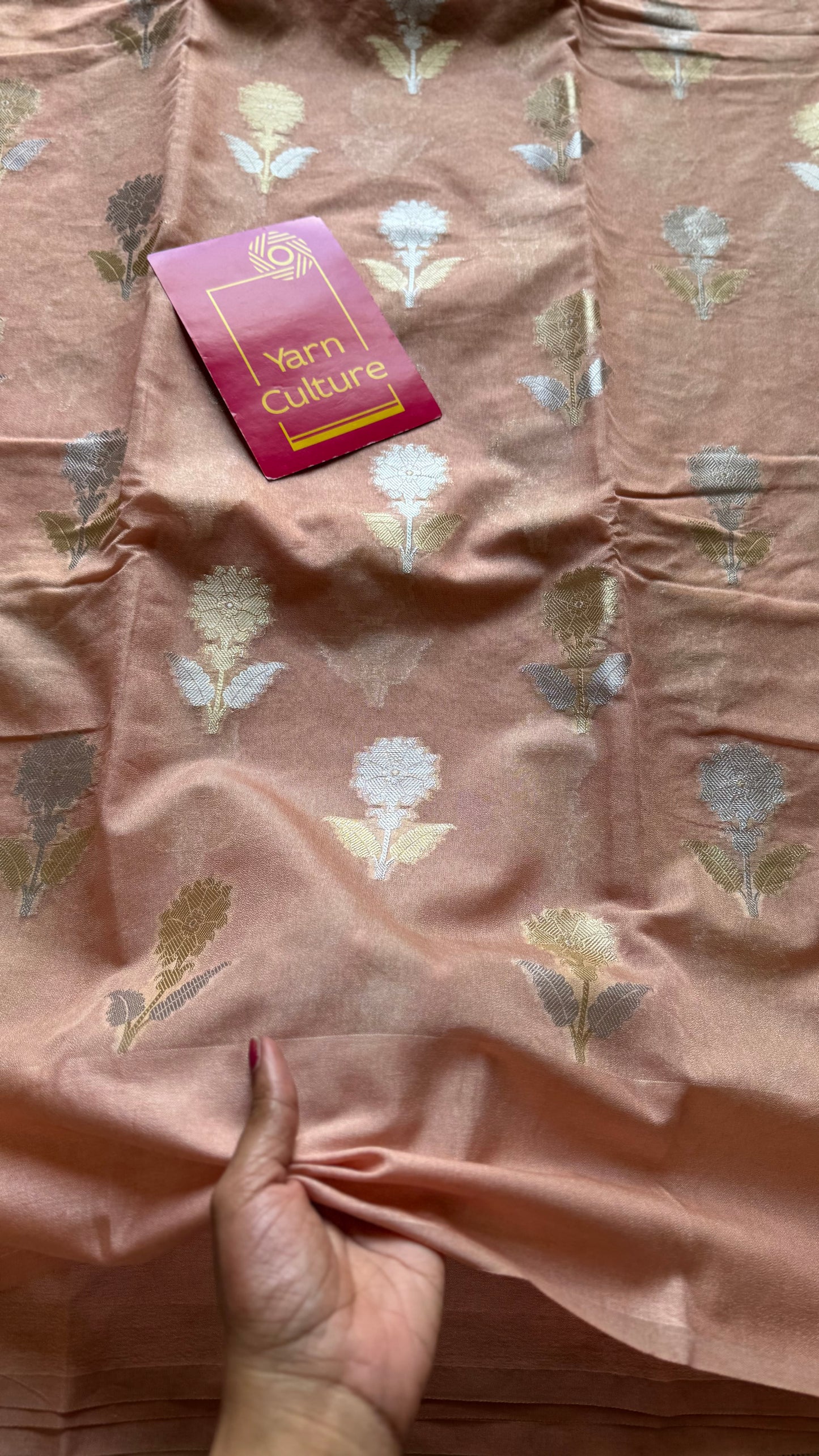 Salmon pink with gold and silver floral buttas, Banarasi semi-crepe silk - YCDESE53