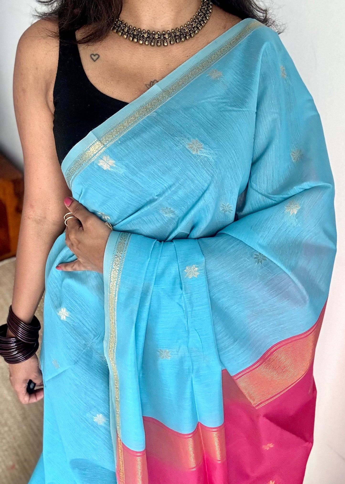 Sky blue with pink, gold buttas, semi maheshwari cotton silk - YCCOTNFEJUSM06