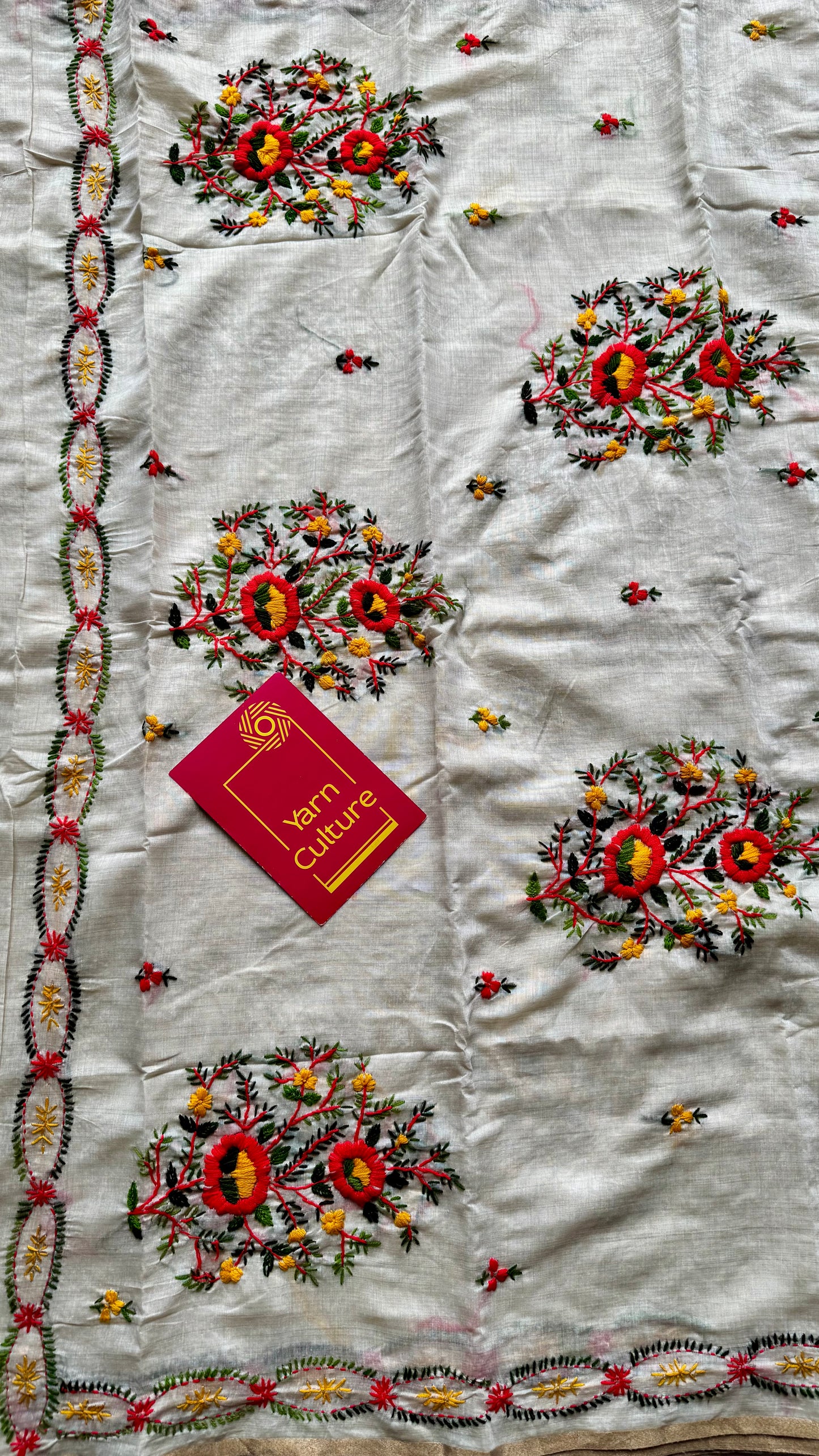 Ivory maheshwari cotton silk blend with bright red floral kantha threadwork - YCBLAUMK09