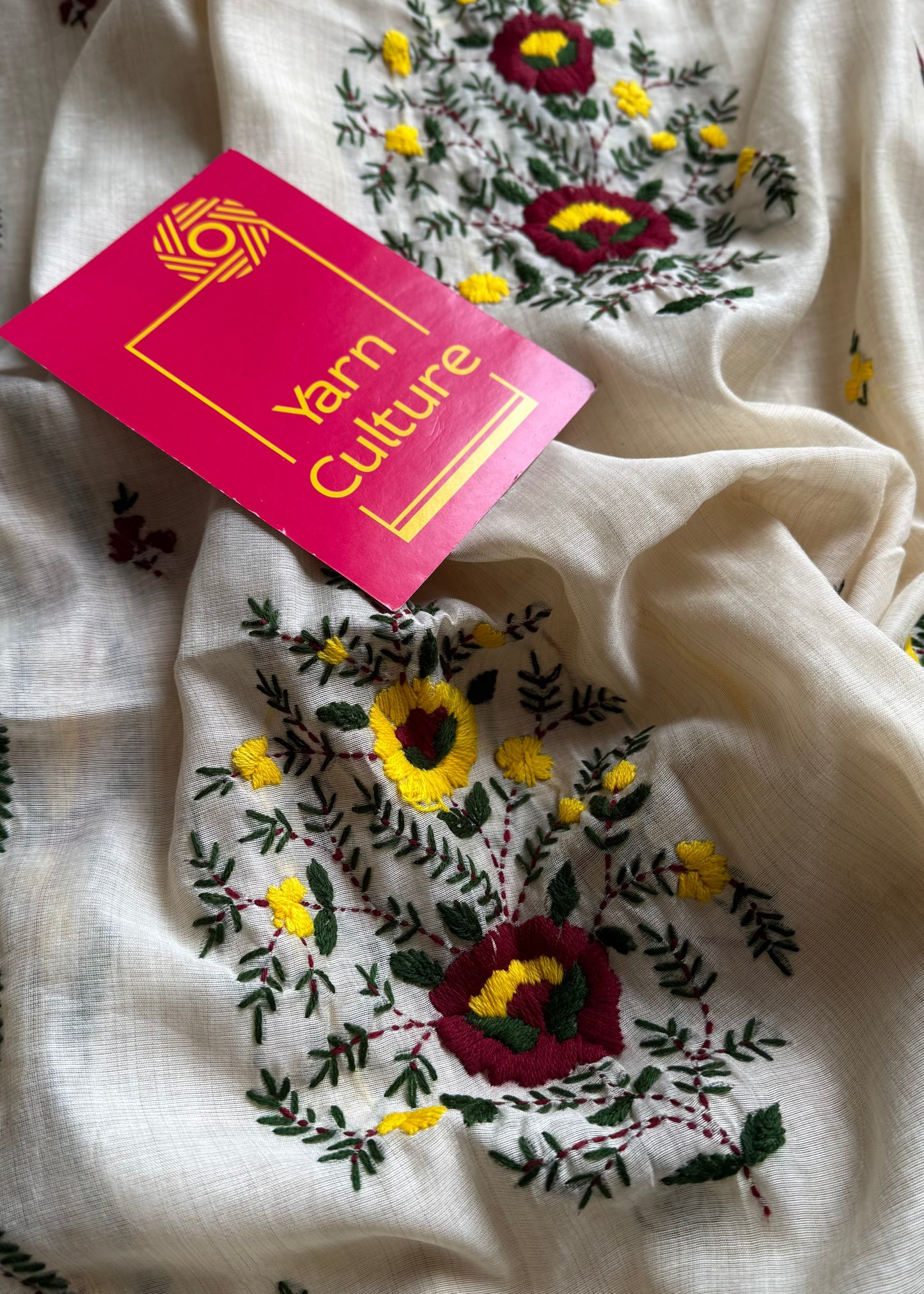 Ivory maheshwari cotton silk blend with yellow and maroon floral kantha threadwork - YCBLJULMK07