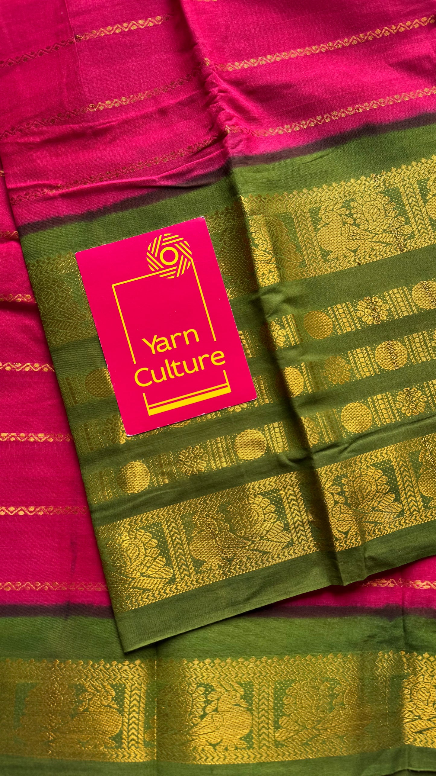 Reddish pink with green, peacock rudraksham motif, single side broad zari - madurai kattuchayam dyed - YCCOTNAUS34