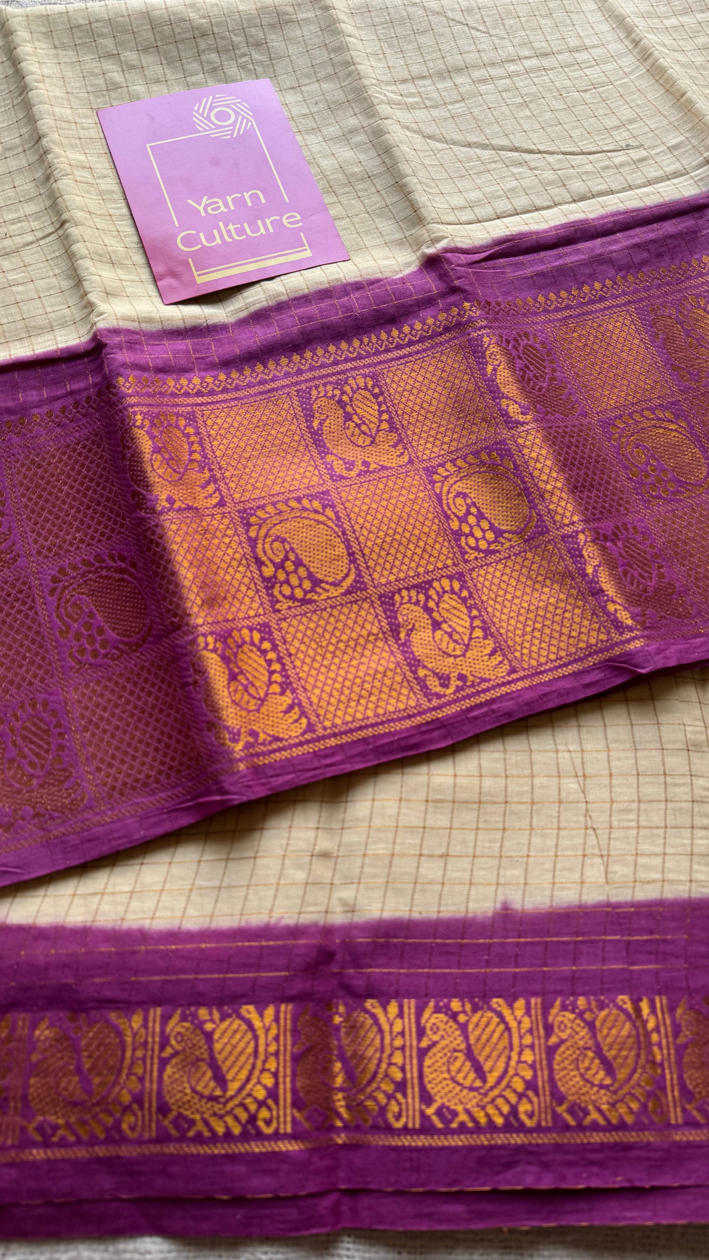 Ivory checks with dark magenta mayuri checkered zari border, madurai cotton - YCCOTNOCSC01