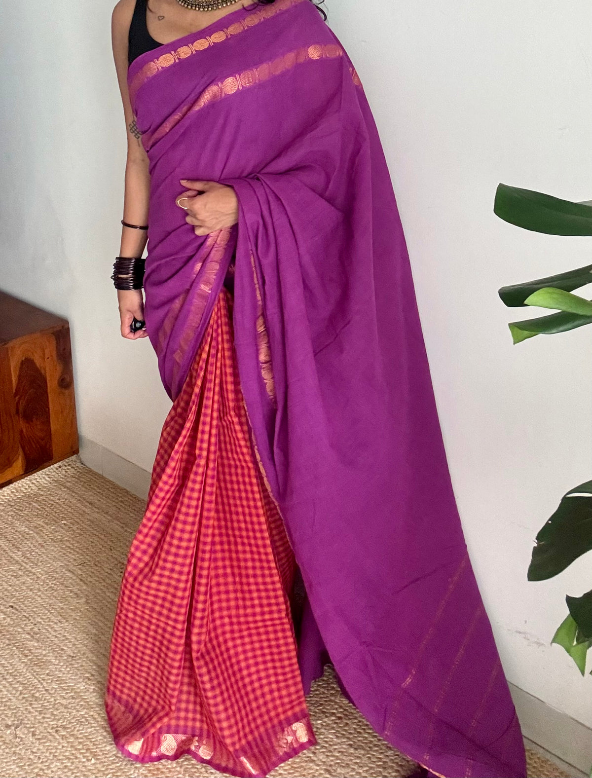 Purple with orange and magenta, sungudi and chettinad cotton half-half saree - YCCOTNIDOC37