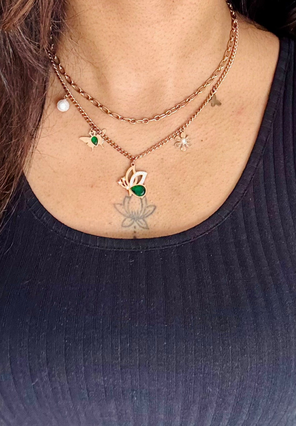 Rose gold plated, doube layered chain with charms - YCGPC255
