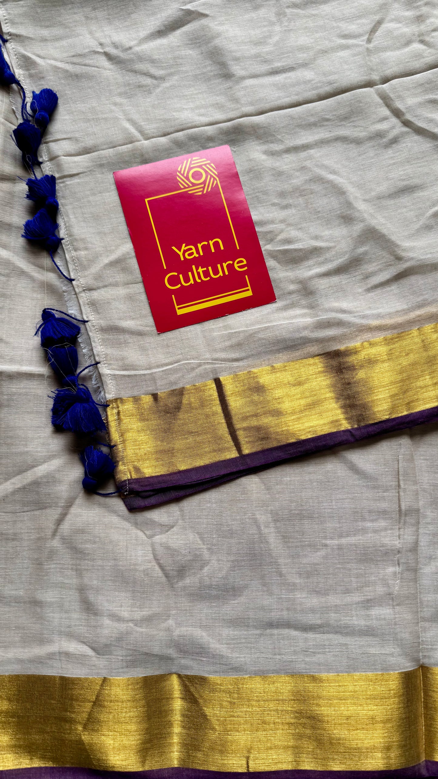 Greyish ivory with violet and gold zari border, mul cotton - YCONBCM221