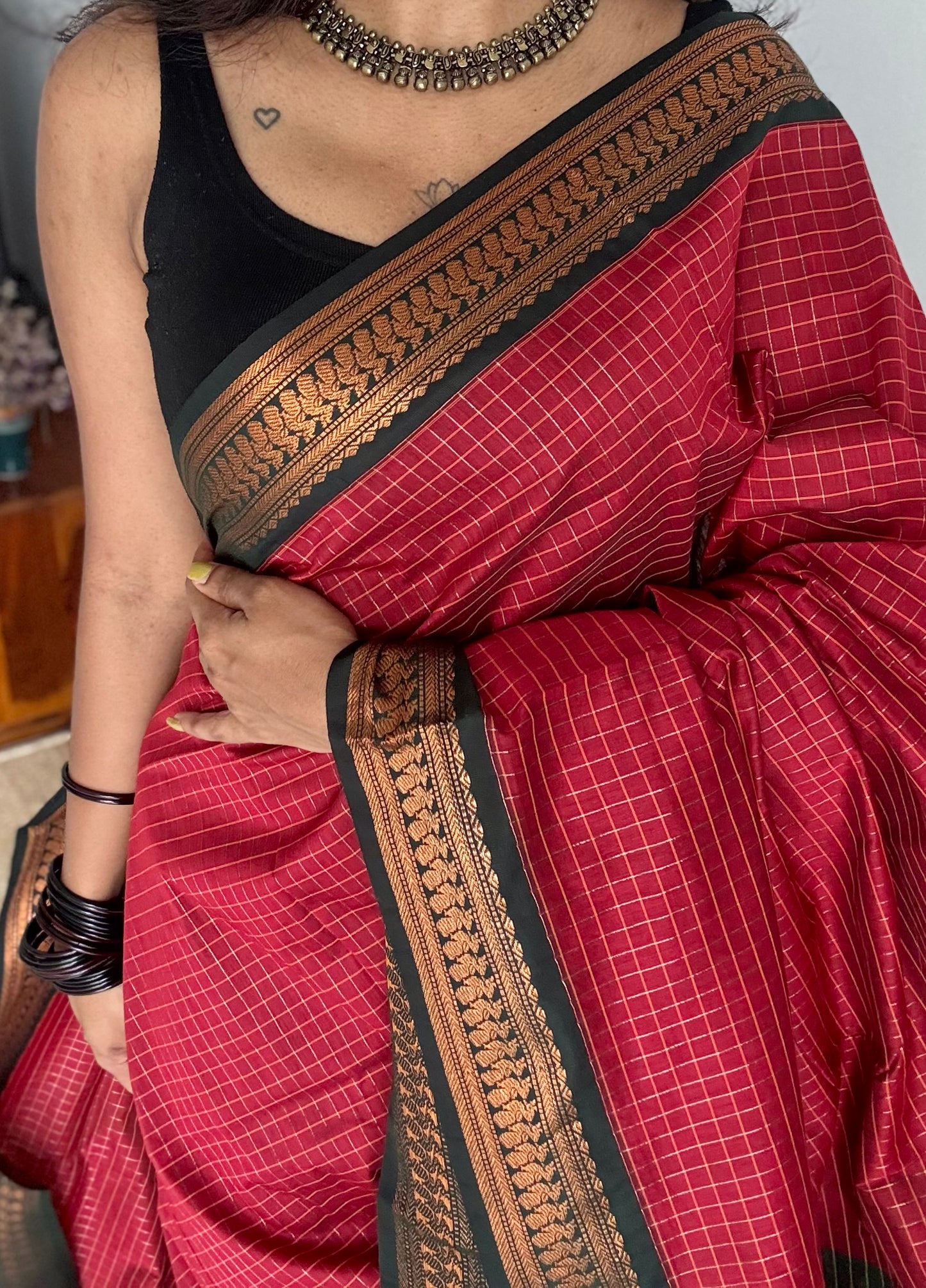 Red with dark green, checks - cotton silk - YCCOTNSEKCS10