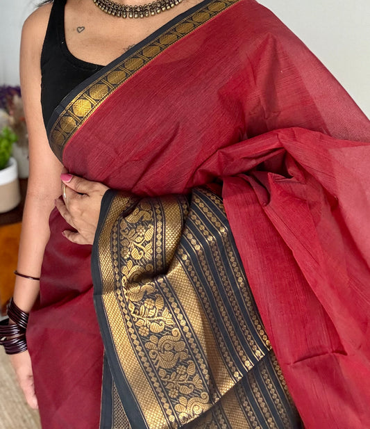 Kanchi cotton saree, dark red with black wide zari border - YCCOTNAP91