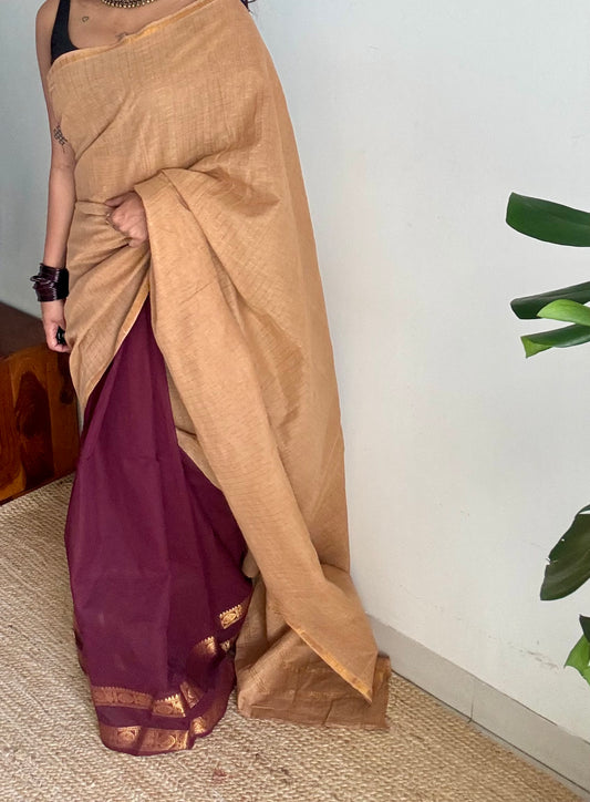Cream and maroon, sungudi and chettinad cotton half-half saree - YCCOTNIDOC27