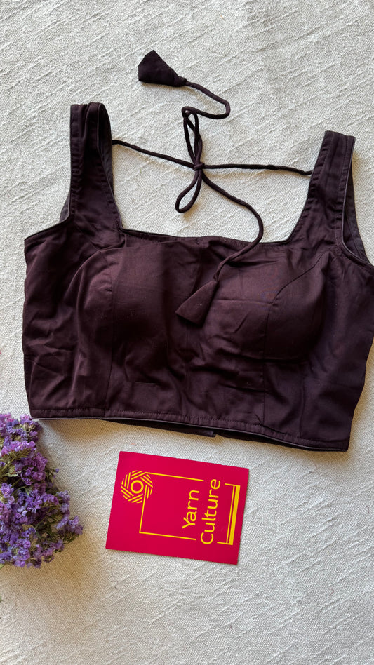 Dark brown sleeveless cotton silk stitched blouse, back open, padded - YCSESBP100