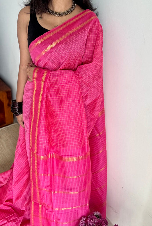 Hot pink, arani checks, cotton silk - YCCOTNJUAR07