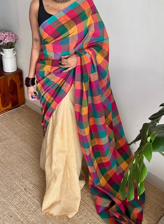 Ivory with multicoloured madras checks, cotton half and half saree - YCCOTNIDOC162