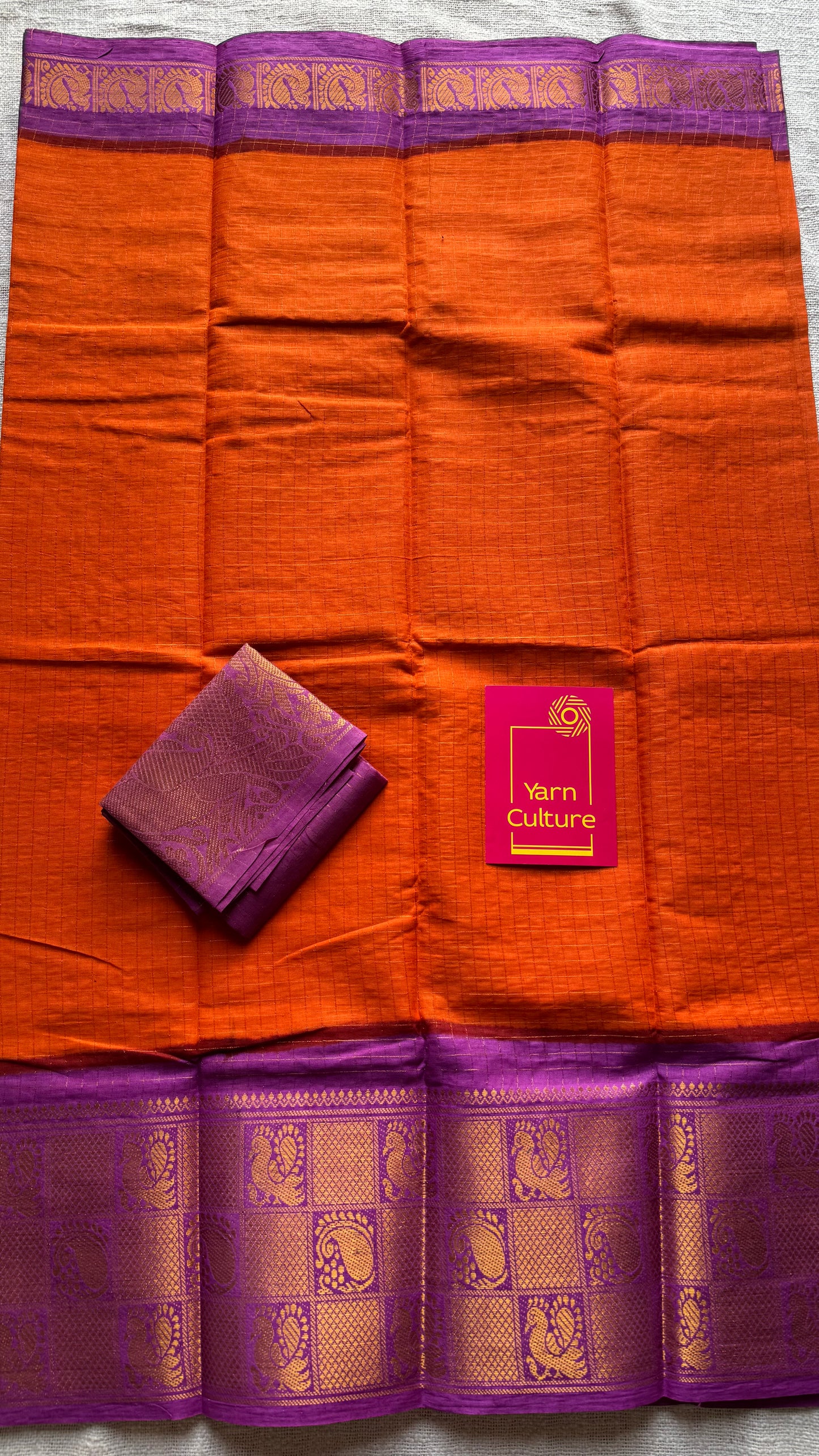 Orange checks with purple pink mayuri checkered zari border, madurai cotton - YCCOTNOCSC02