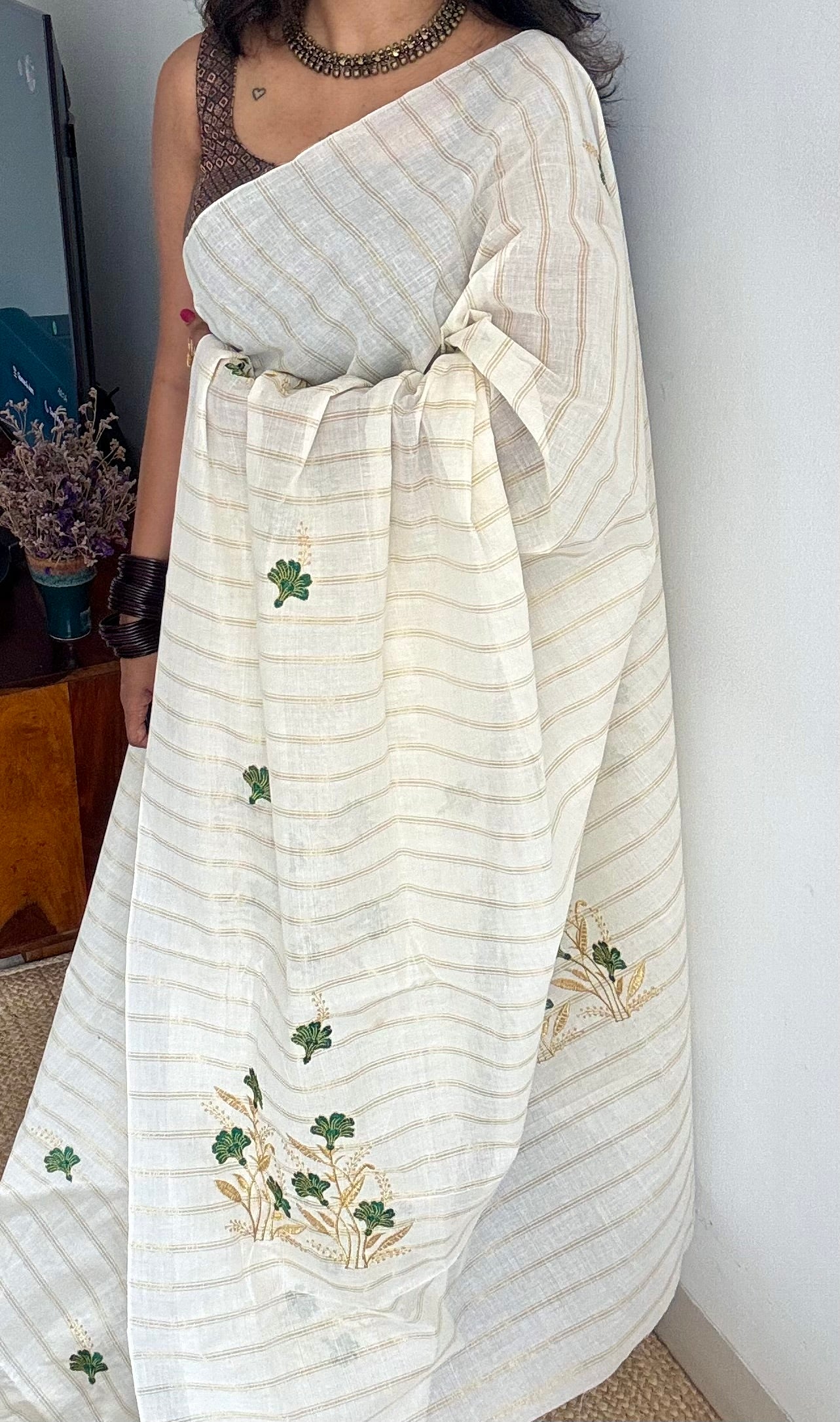 Ivory and gold with green flower embroidery, striped zari, kerala cotton - YCON25KCSFE260