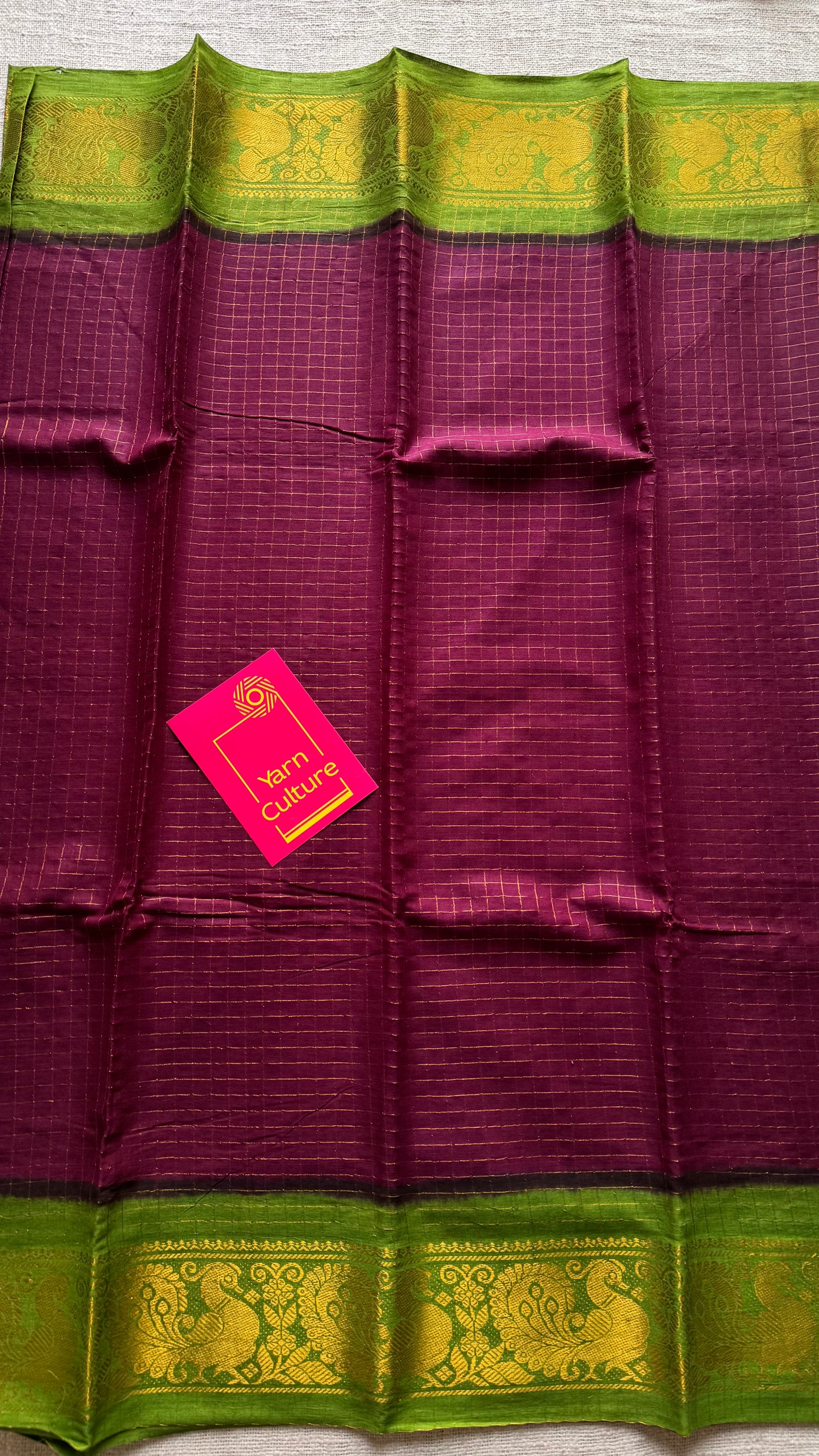 Wine with green checkered sungudi, madurai cotton - YCCOTNOCSC25