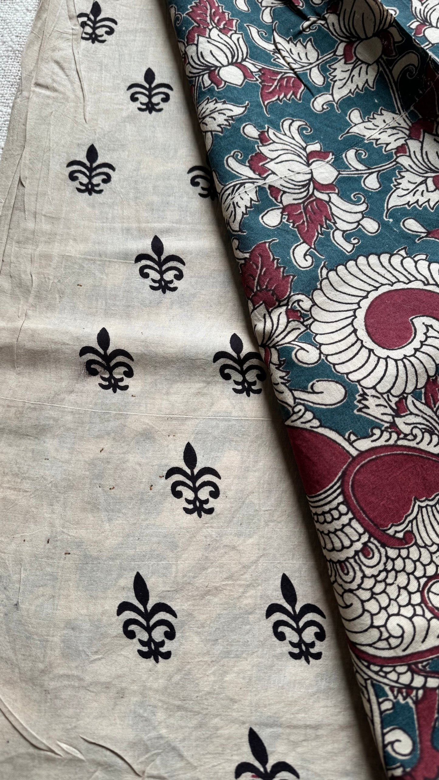 Bluish grey with beige and maroon kalamkari, floral vines, soft cotton - YCWOTDOCMP86
