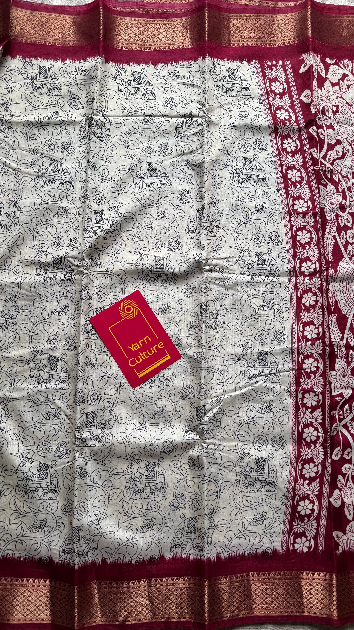 White and red contrast, printed kalamkari, semi-tussar - YCWOTDSTK03