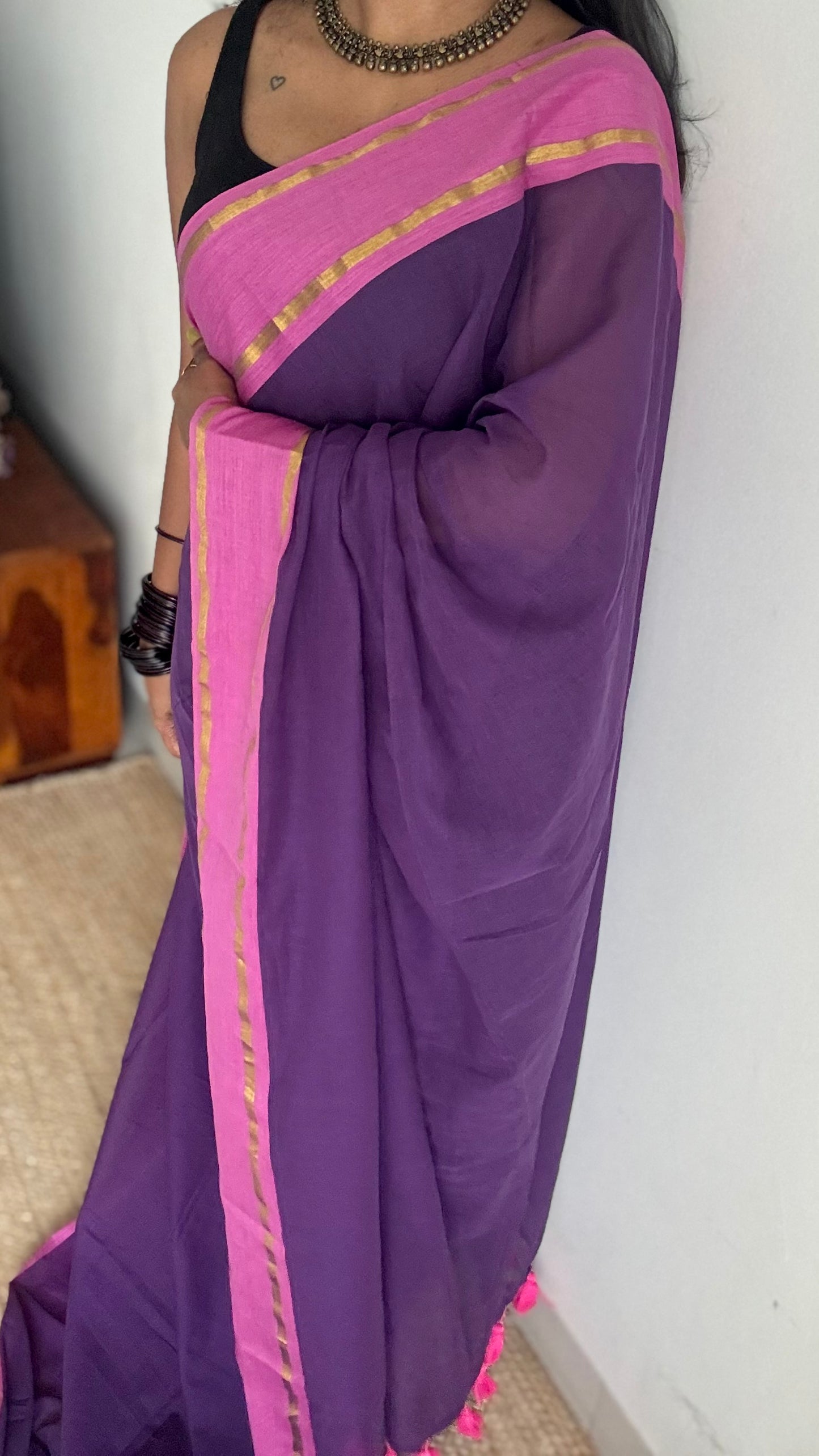 Purple mul with pink contrast border, gold zari - YCBCMCLSE22