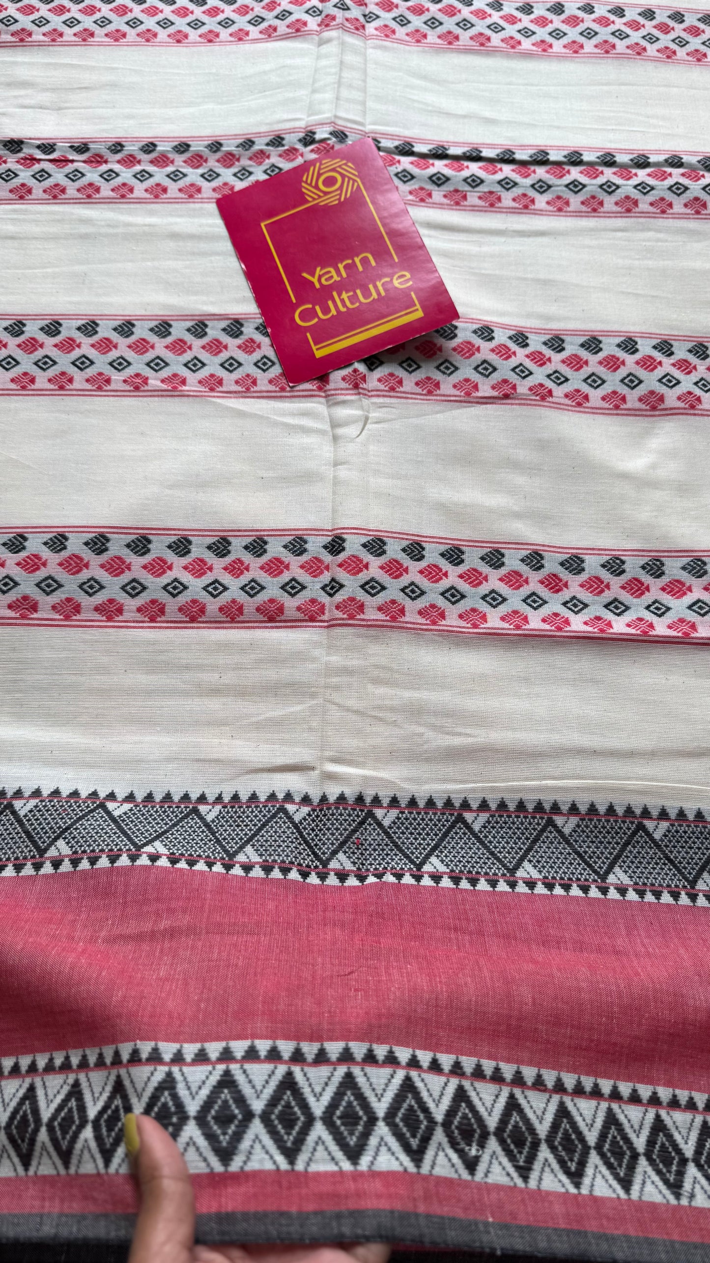 Pure Dhaniakhali tant in white, red and black patterened border - YCBCDP23