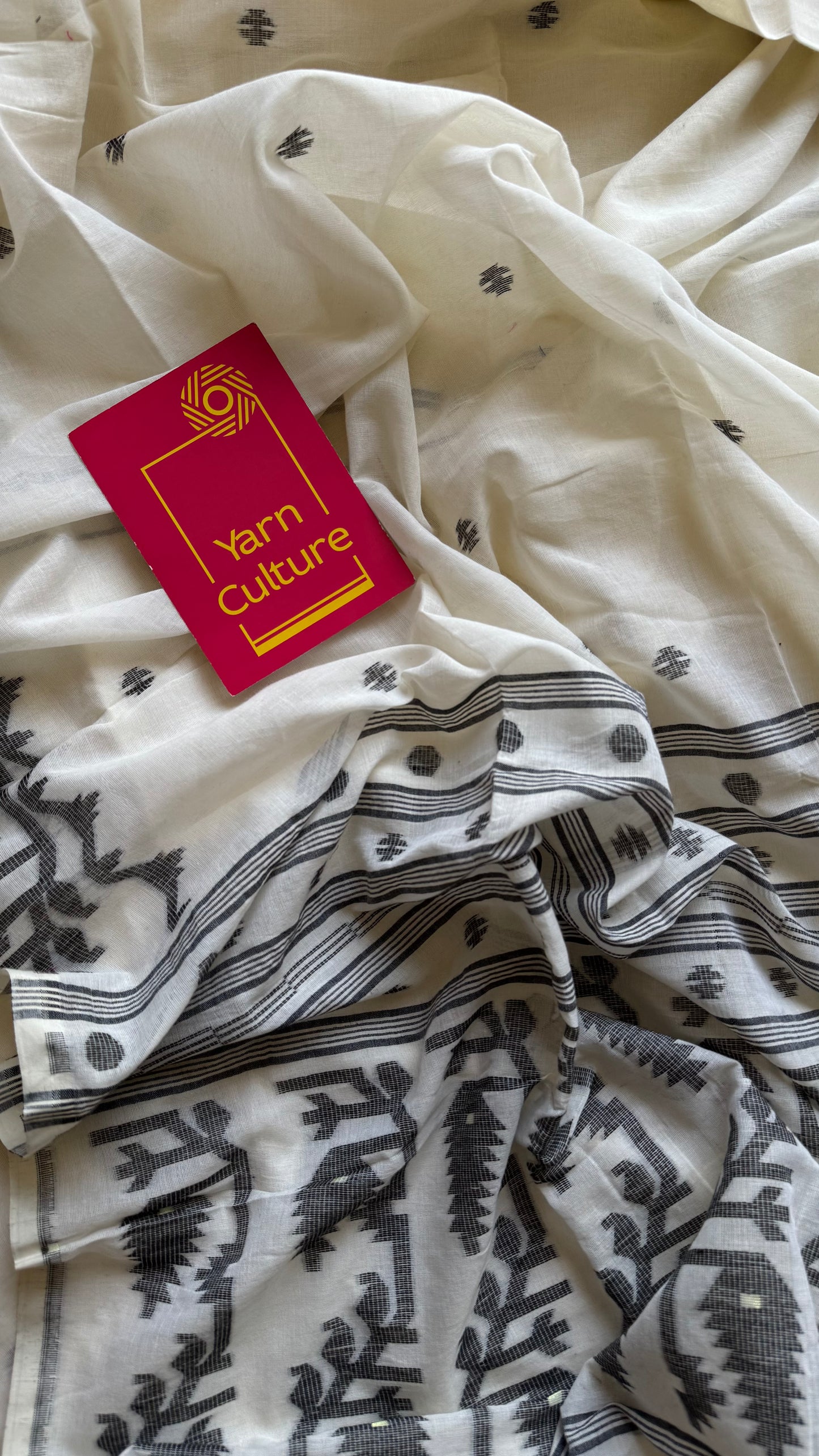 White with black contrast jamdani saree in soft handloom cotton - YCBCJDFE378