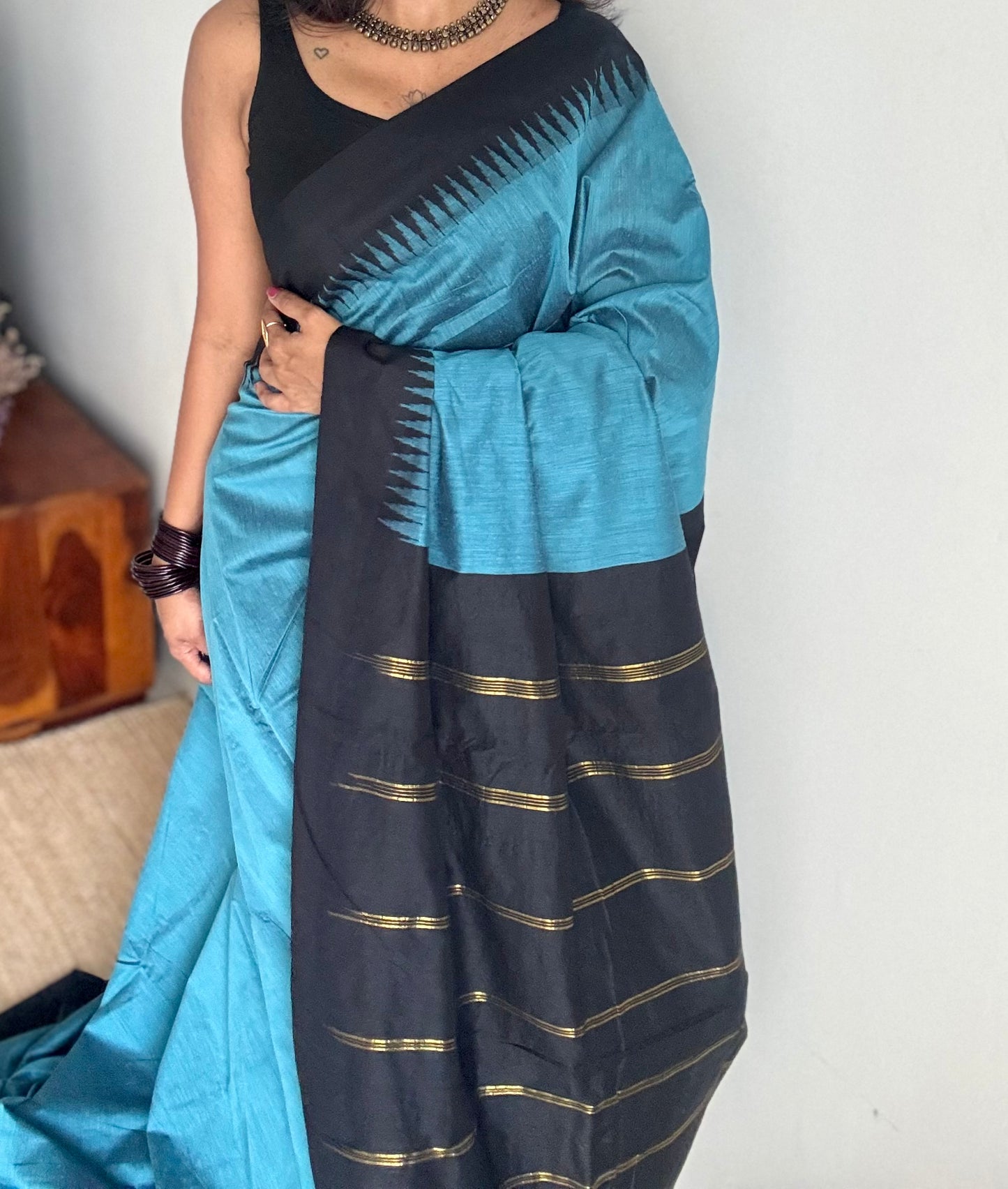 Blue with black temple border - cotton silk - YCCOTNOCKCS2