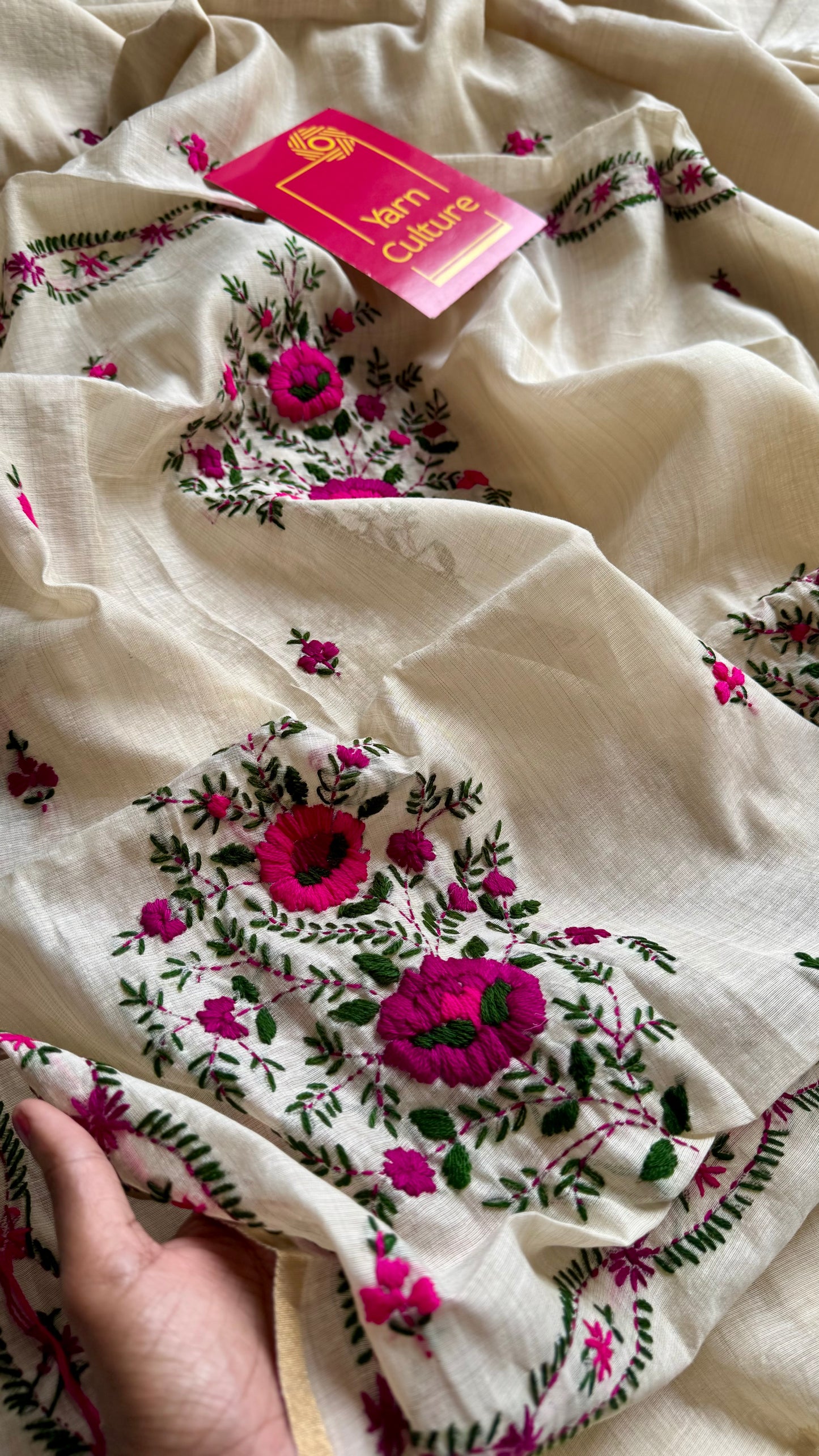 Ivory maheshwari cotton silk blend with purple and magenta floral kantha threadwork - YCBLAUMK08