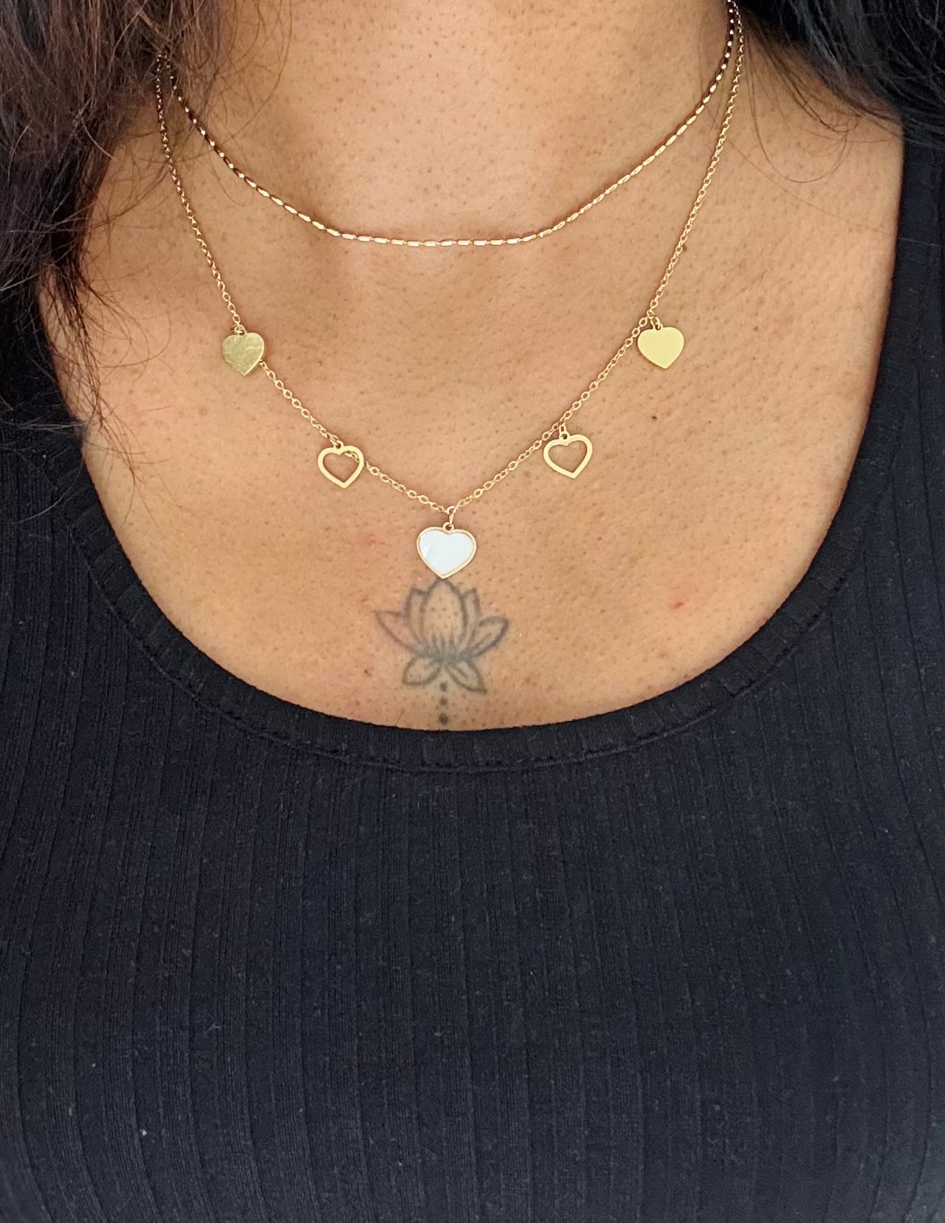 Gold plated double layered chain, heart pendants - YCGPC410