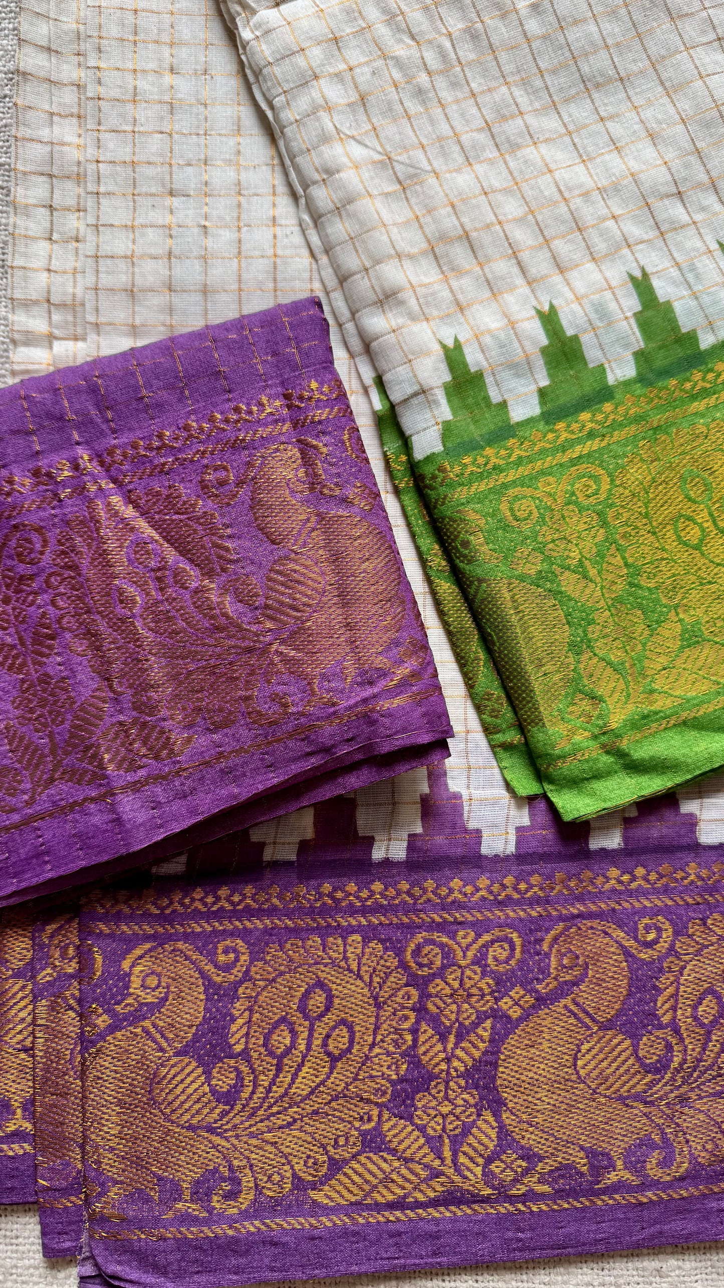 Apurva : Sungudi cotton checks, ivory gold base, green and purple dual tone border, soft cotton - YCONCOTN205