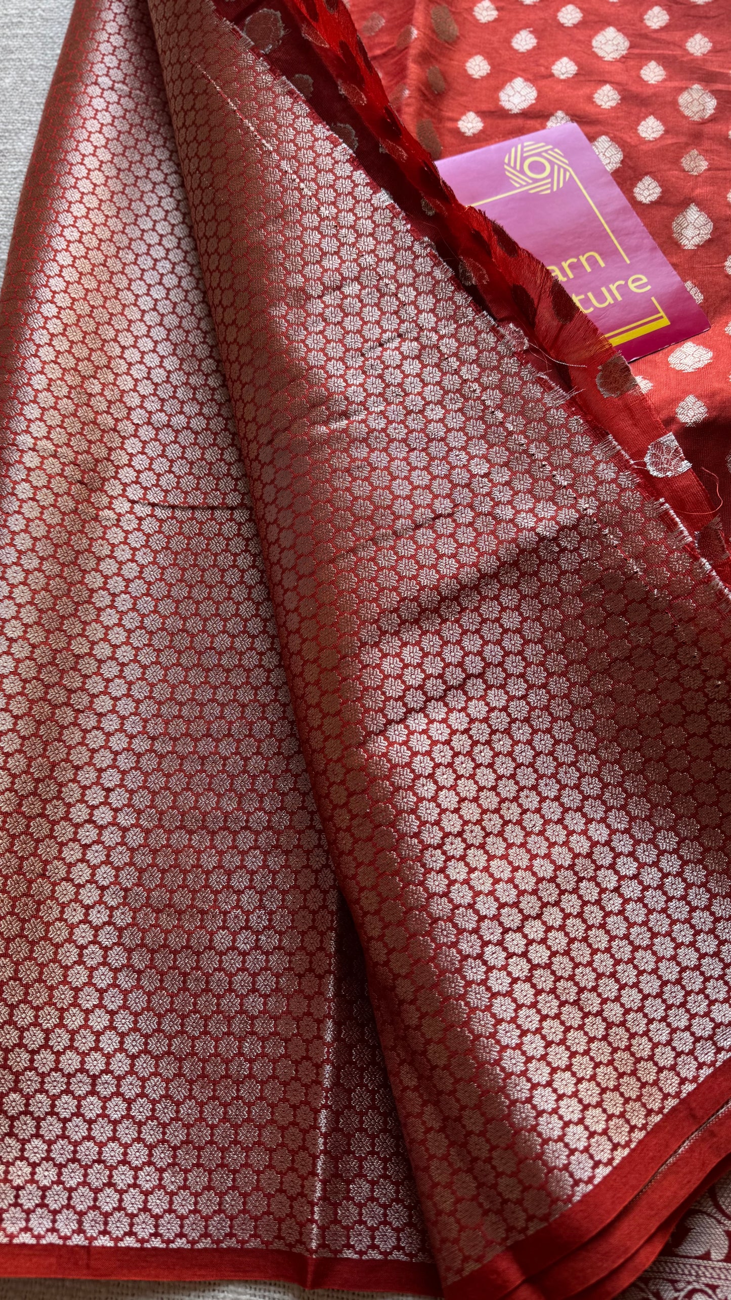 Burnt red, silver buttas and zari, Banarasi semi-silk - YCDESE36
