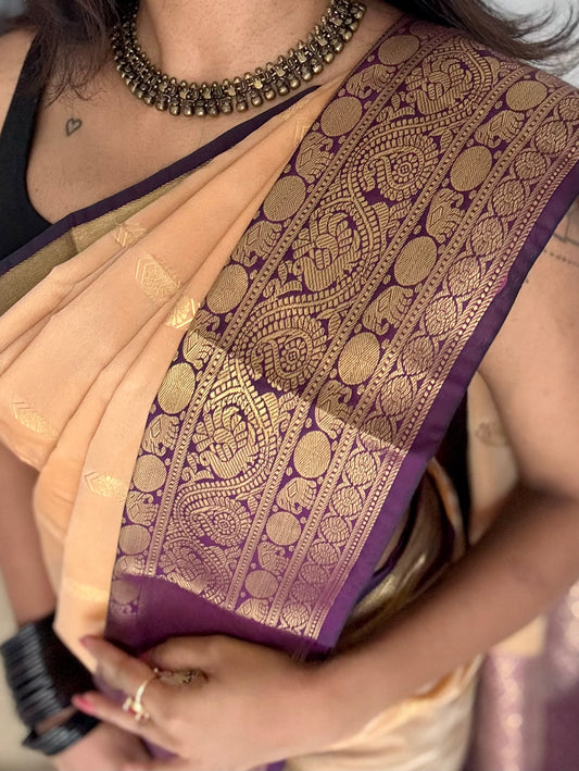 Mohini - beige with deep wine purple, handloom korvai semi silk - YCCOTNFEJUKS06