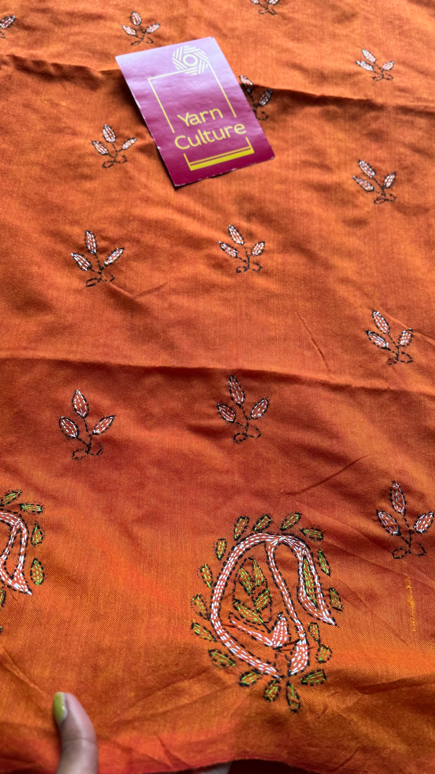 Shondhya Alo (সন্ধ্যা আলো) - Evening Light, orange kantha weave in soft khadi cotton - YCBCSEKC07