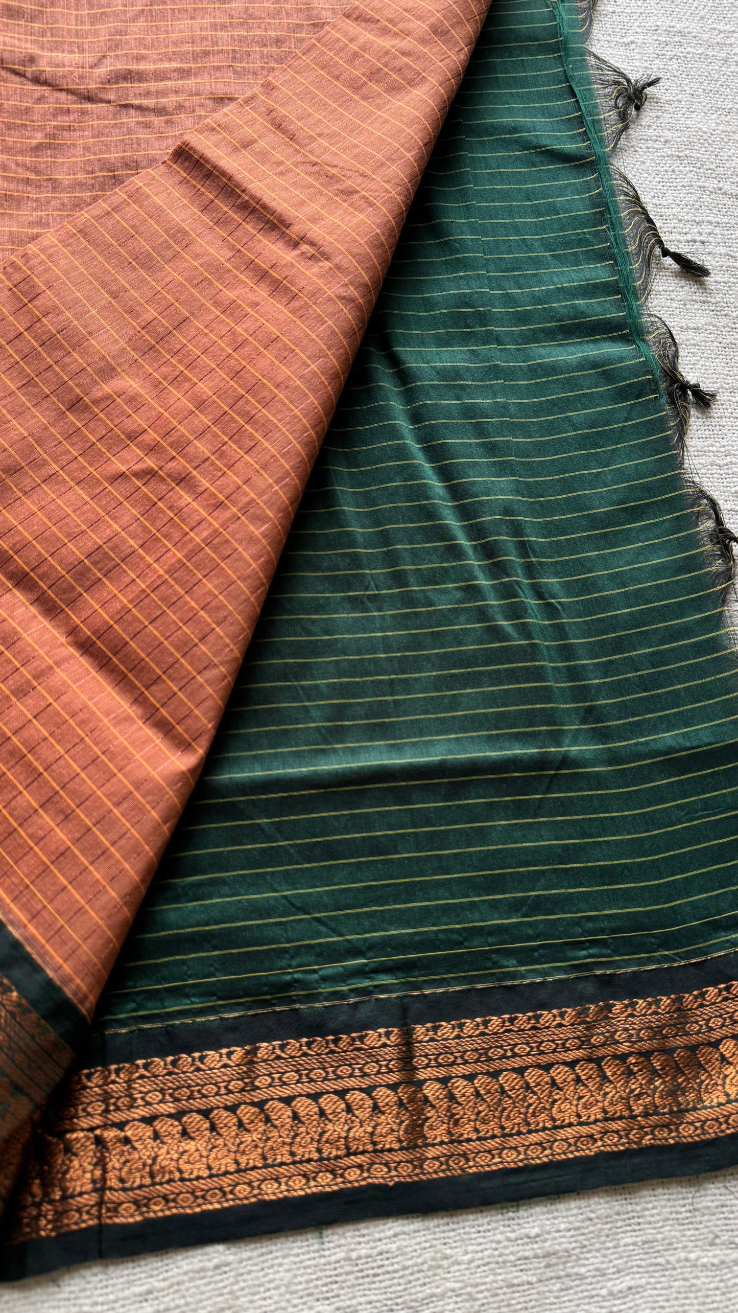 Sandal brown with dark green, checks - cotton silk - YCCOTNOCKCS10