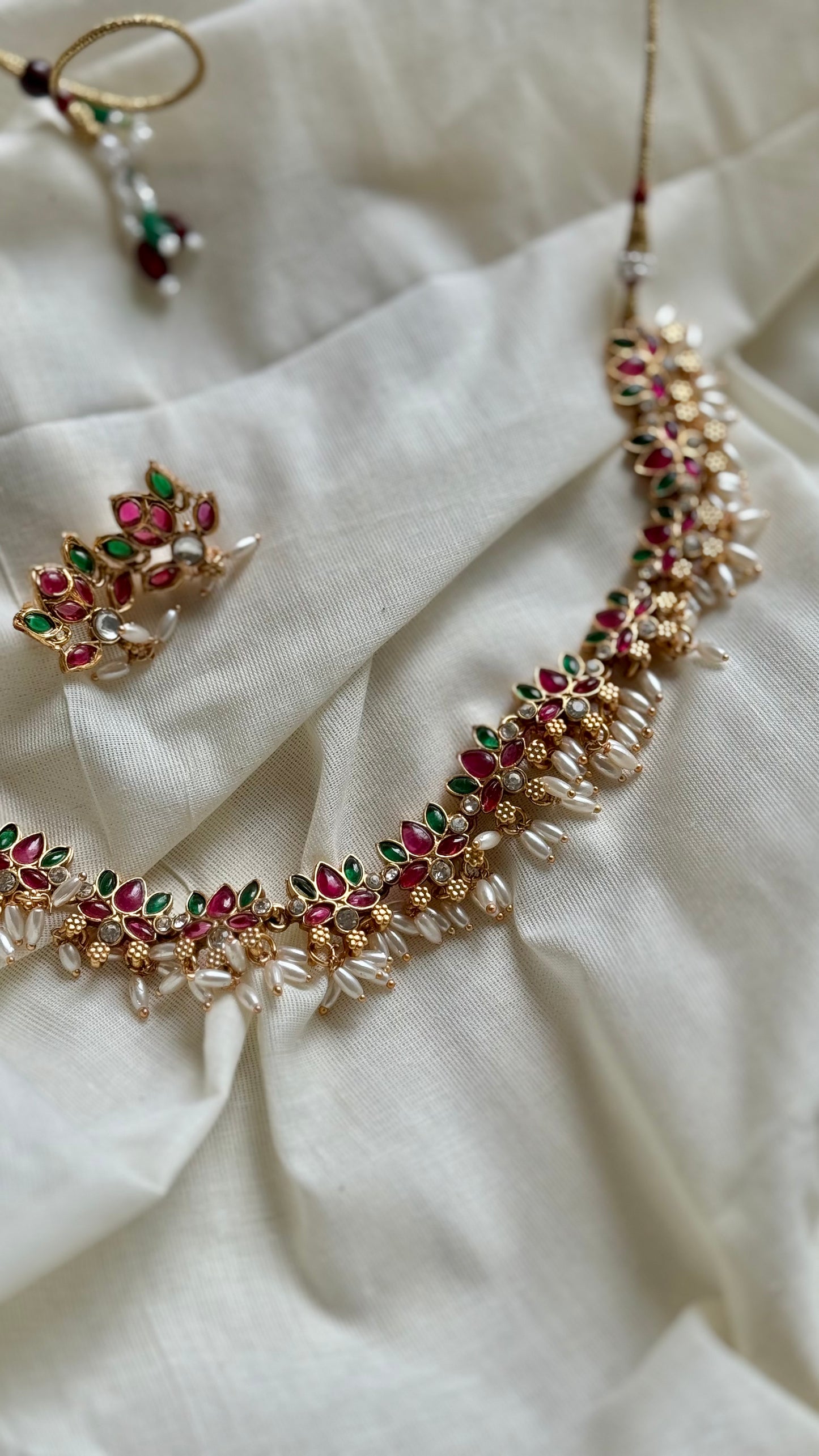 Pink and green lotus necklace with rice pearl drops and earrings - YCAGC133