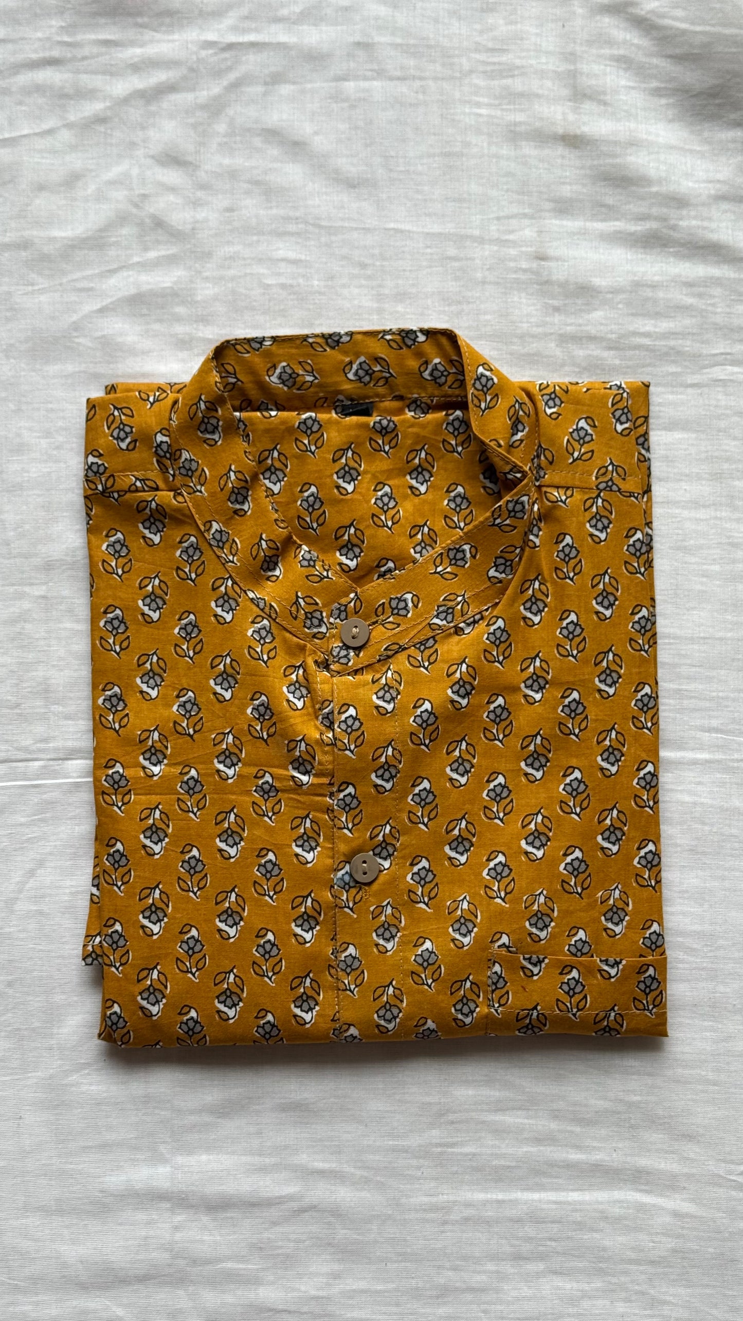 Turmeric Yellow Floral Motif Block Printed Cotton Men's Half Sleeve Mandarin Collar Kurta Shirt - YCMSEIE193