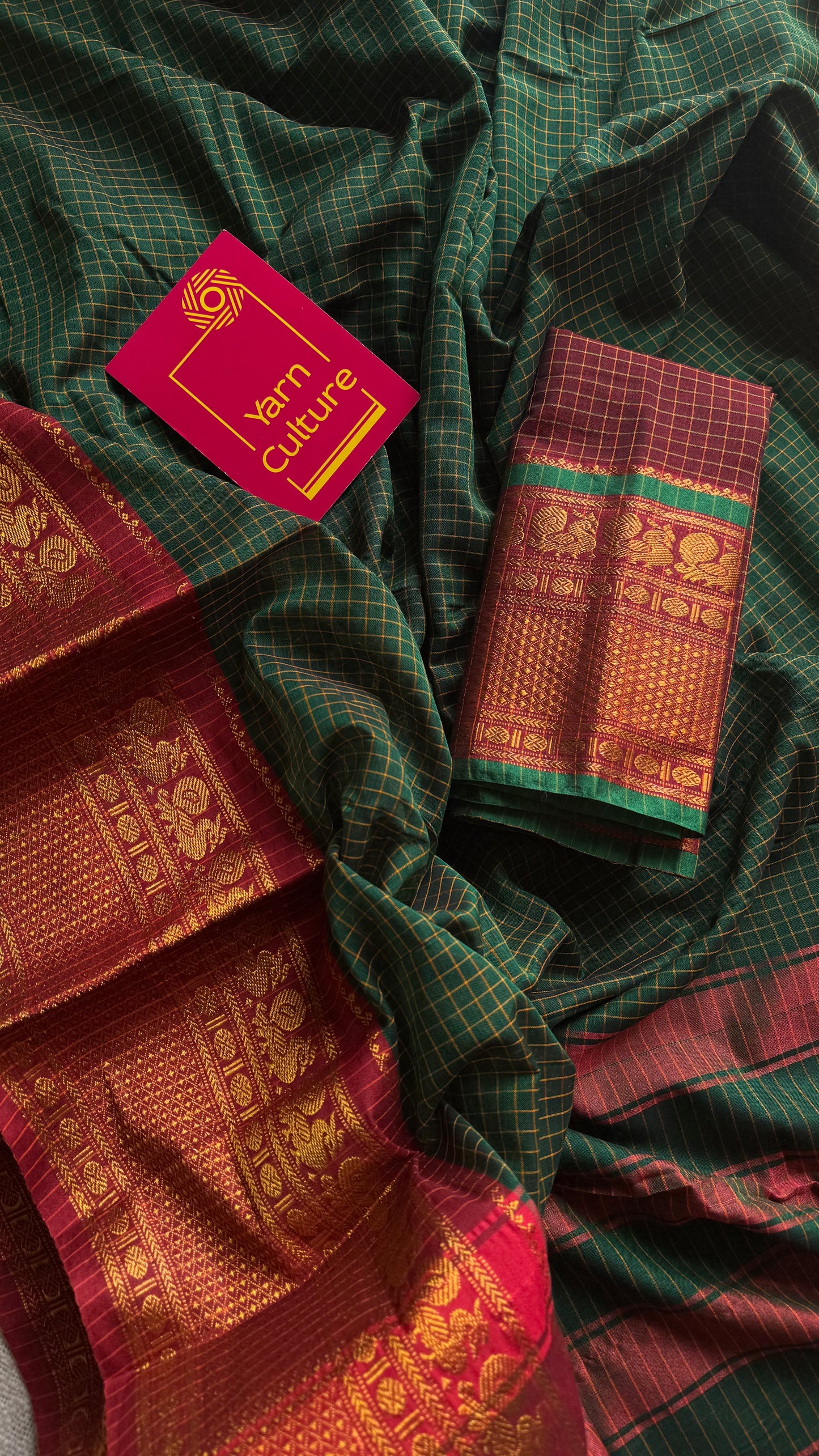 Dark green checks with zari border, premium narayanpet, soft cotton - YCWOTDFEBB12