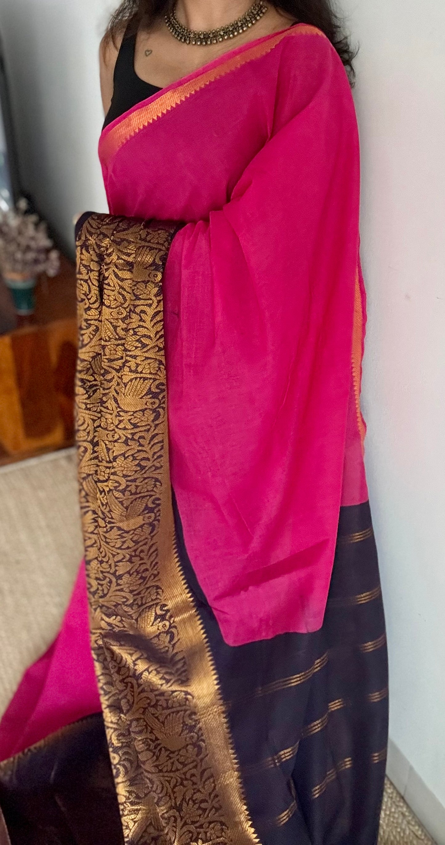 Hot pink with dark blue vanasringaram long border - madurai soft cotton - YCCOTNSEMS73