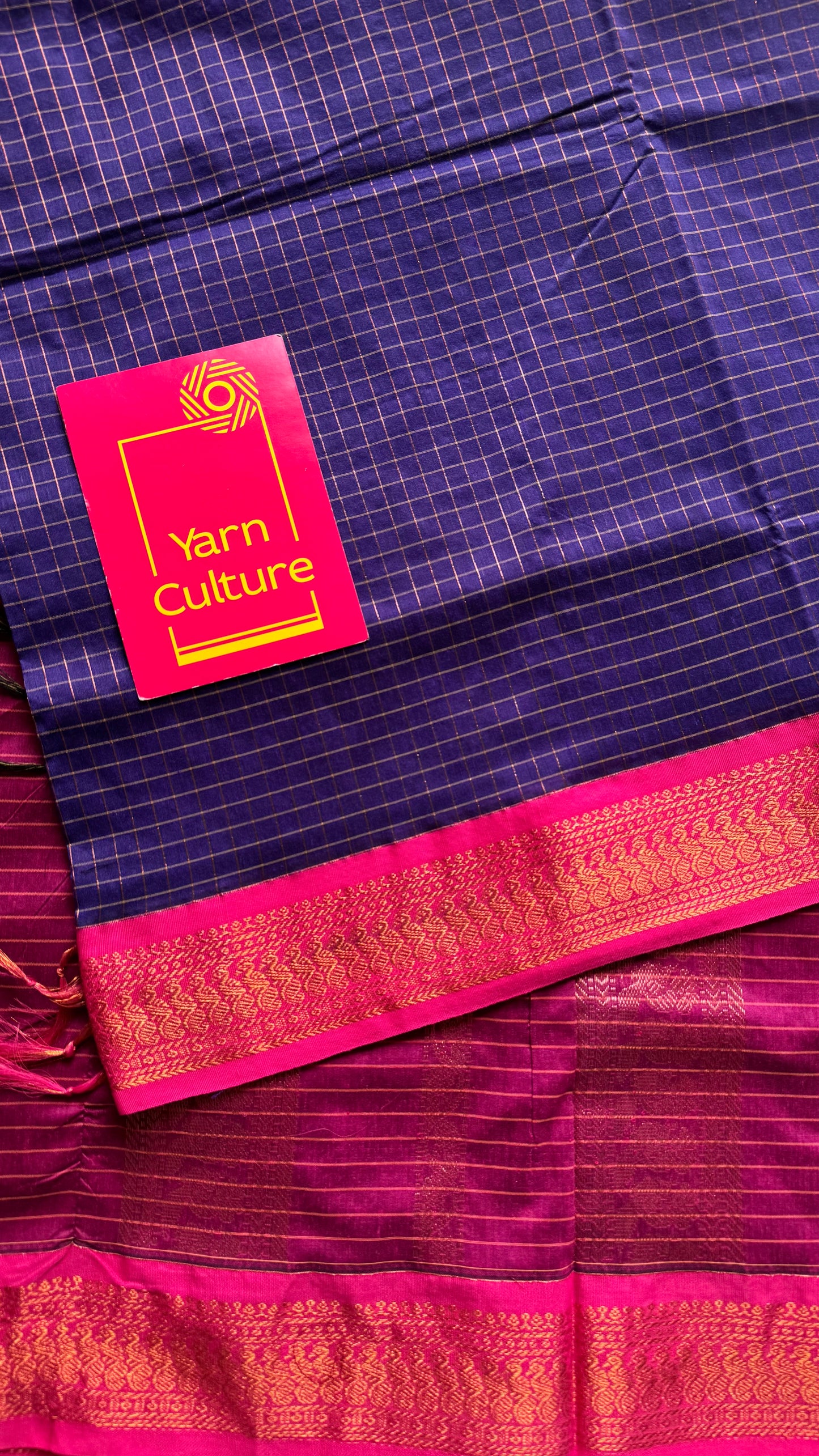 Navy blue with pink, checks - cotton silk - YCCOTNSEKCS13