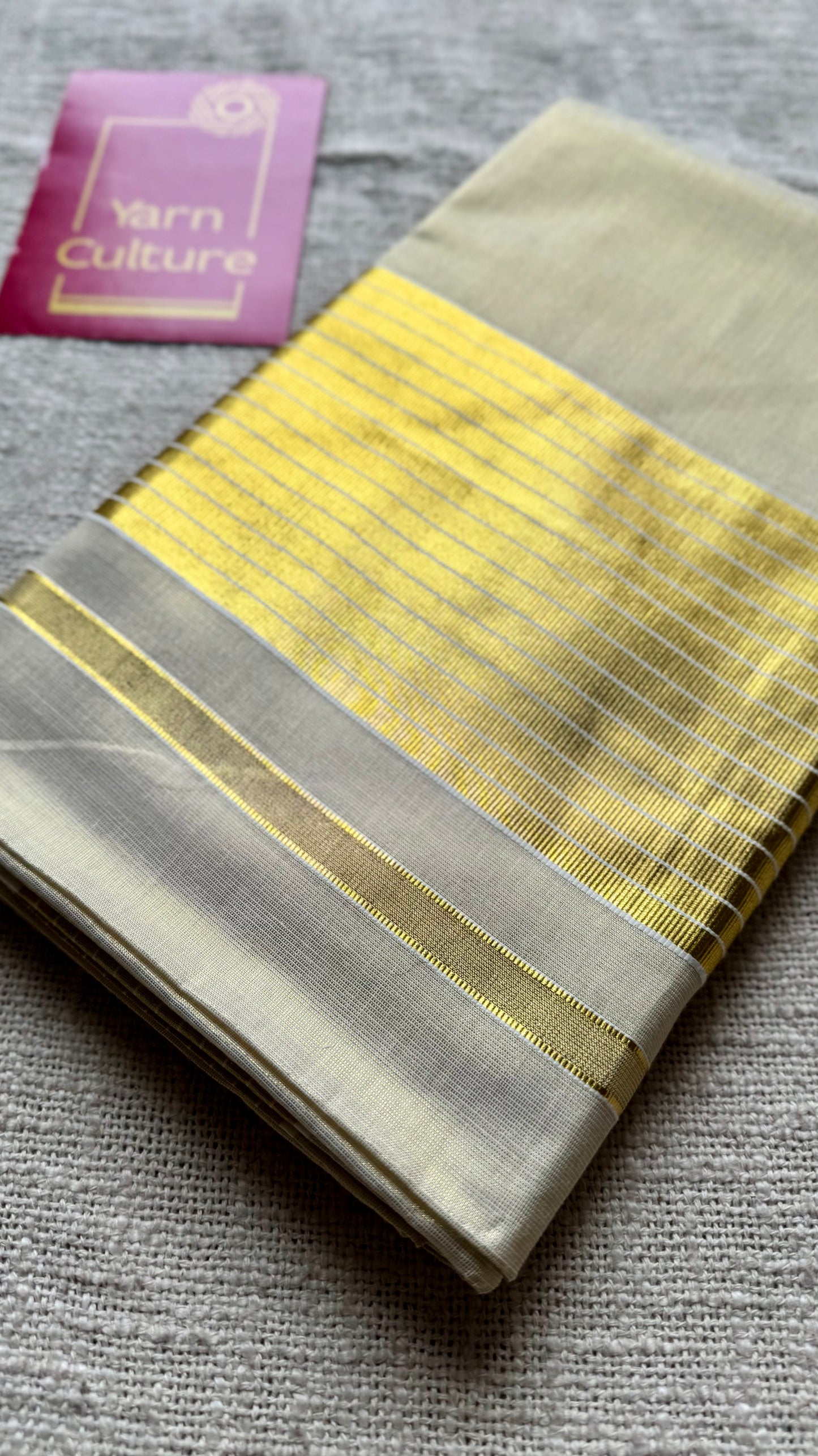 Ivory and gold tissue with striped border, kerala soft cotton - YCON25MC271